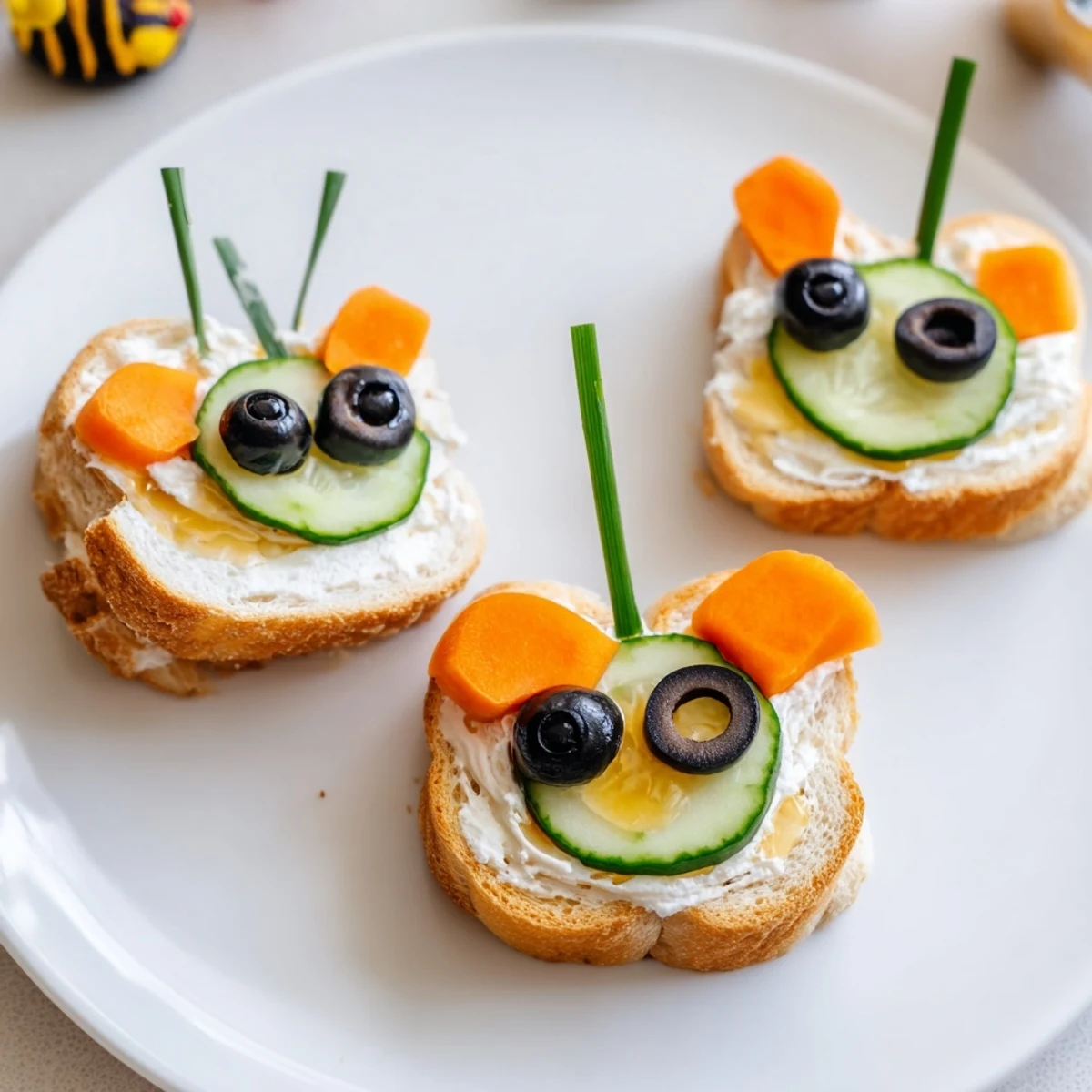 Bee-shaped sandwiches with black olive stripes beside vibrant red and green fruits, a wholesome picnic.