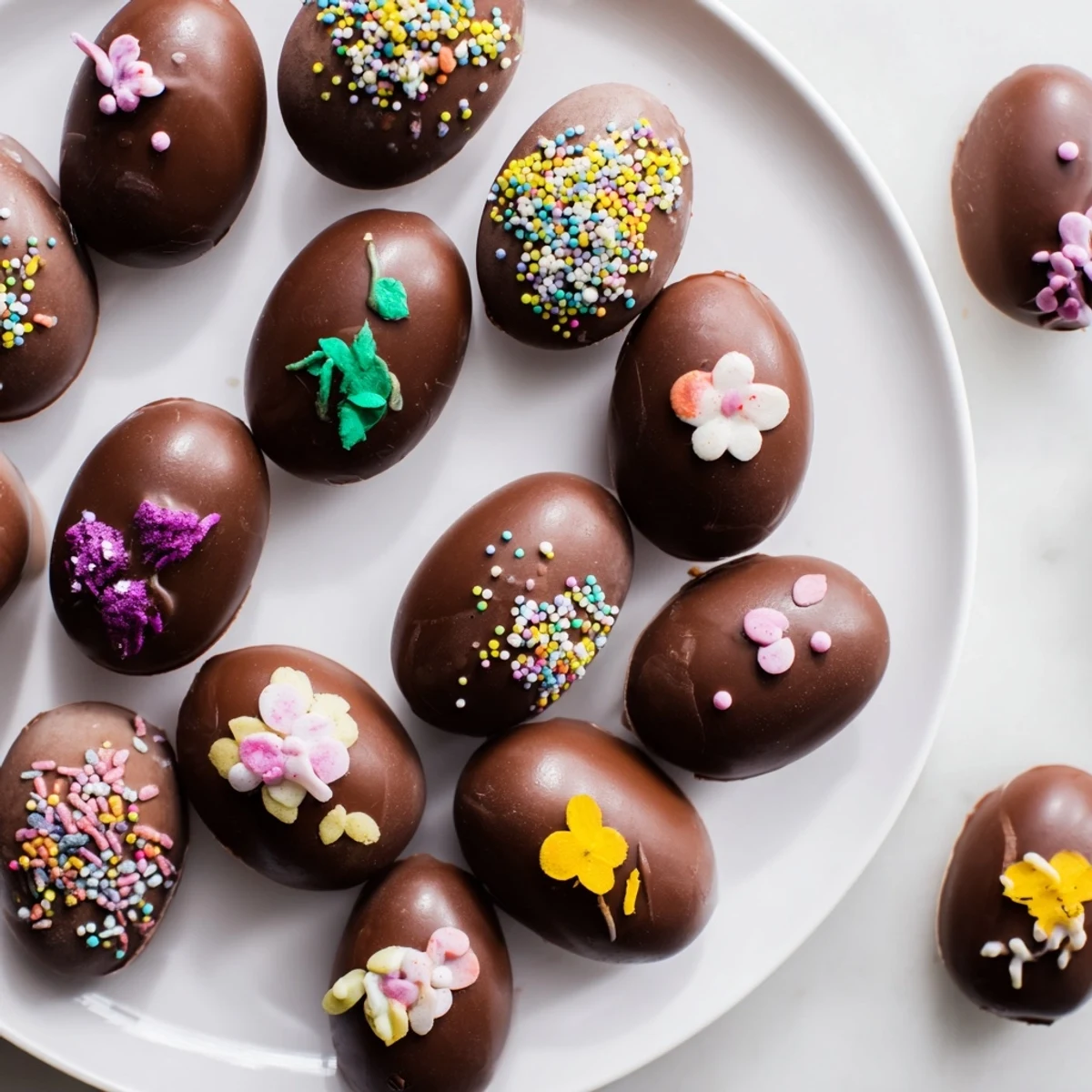 Vibrantly decorated Easter egg candies displayed on a decorative platter for a festive treat.