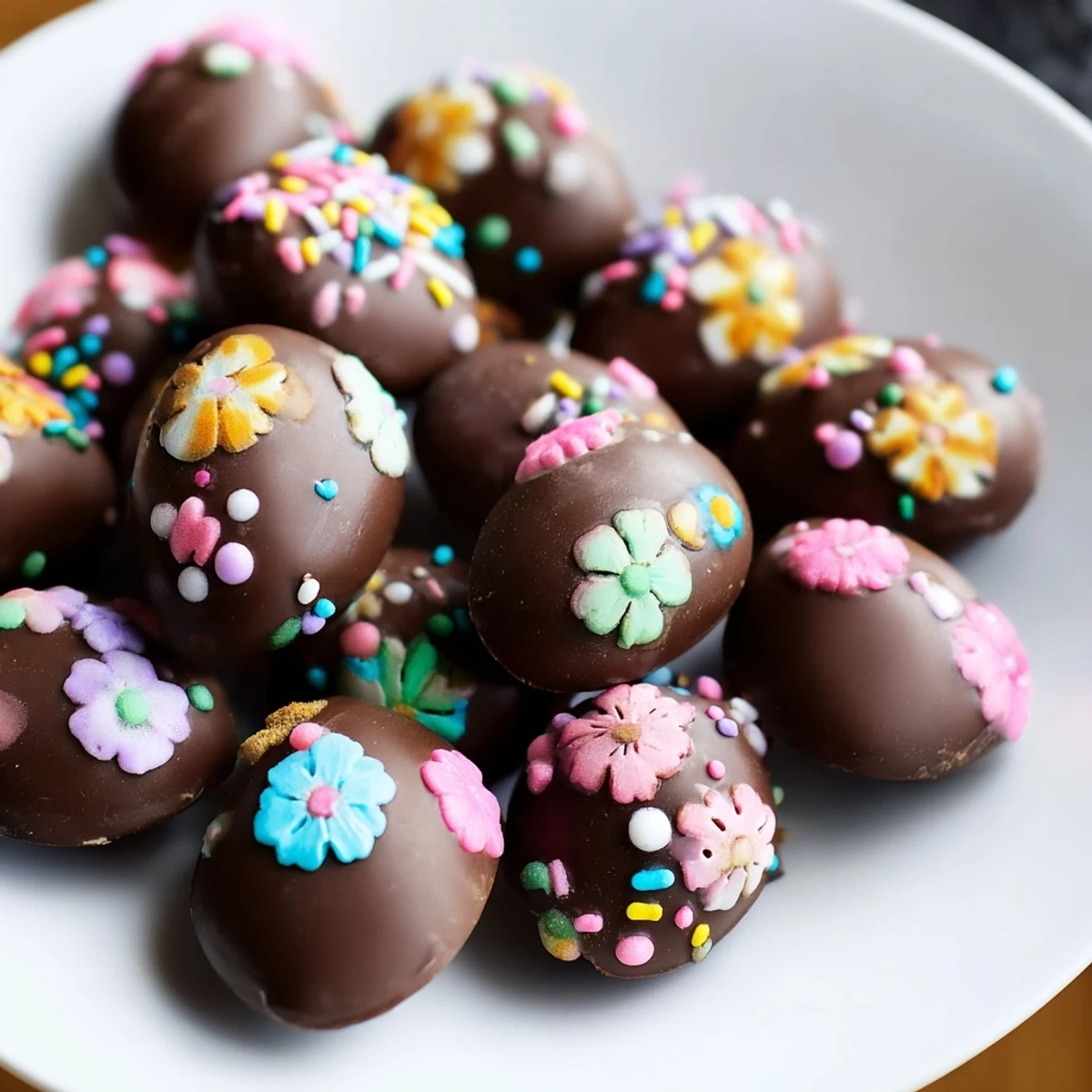 A close-up of beautifully decorated Easter candy: pastel colors and tempting chocolate coating pictured.