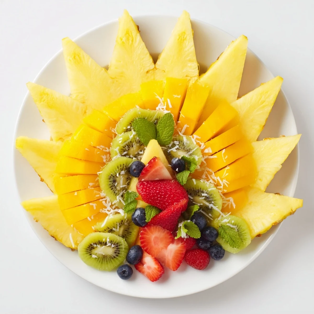 Vibrant Tropical Pineapple Sun Fruit Platter showcasing a rainbow of fresh, juicy fruits perfect for sharing.
