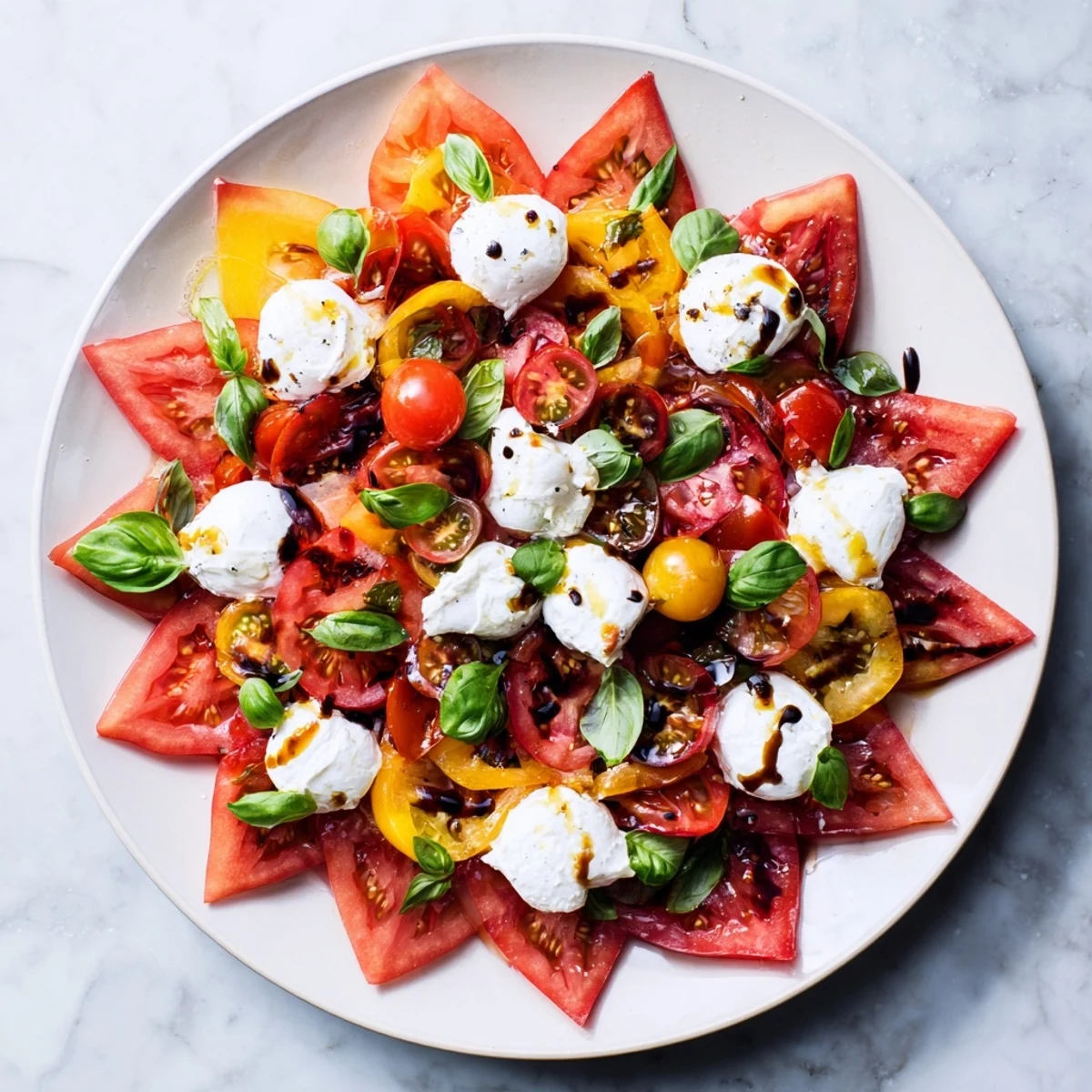 Vibrant Starfish Caprese Salad, a refreshing summer appetizer, glistens with olive oil and balsamic glaze.