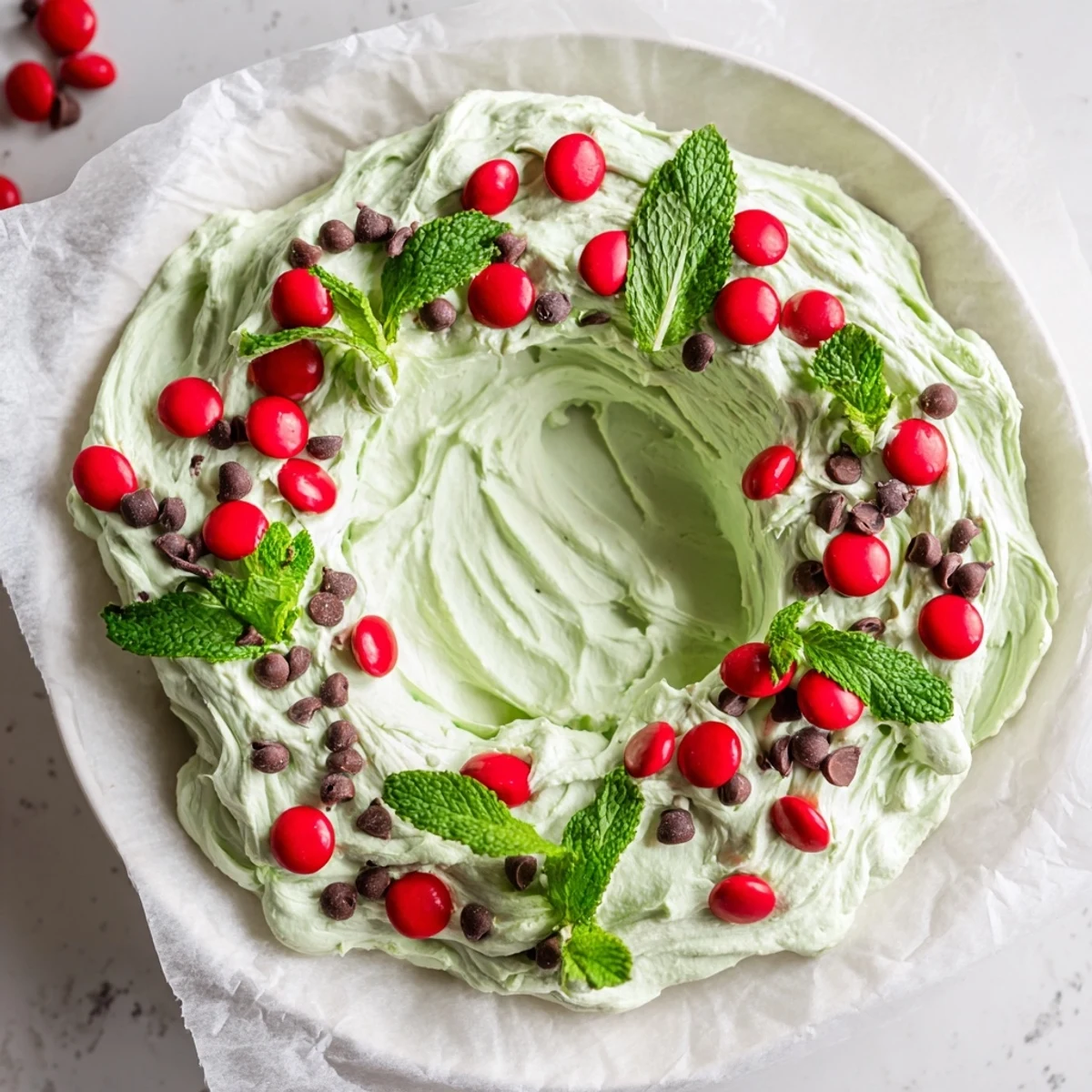 Festive Mint Chocolate Chip Dip Wreath, a creamy dessert decorated with red candies and fresh mint.