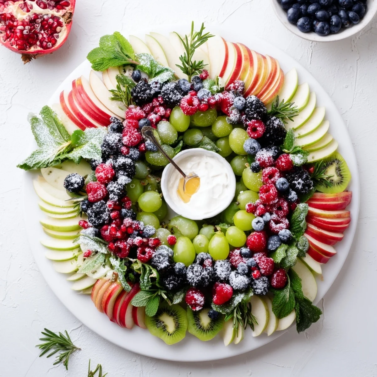Vibrant Winter Berry Wreath Fruit Board displaying fresh, jewel-toned berries perfect for a holiday appetizer.