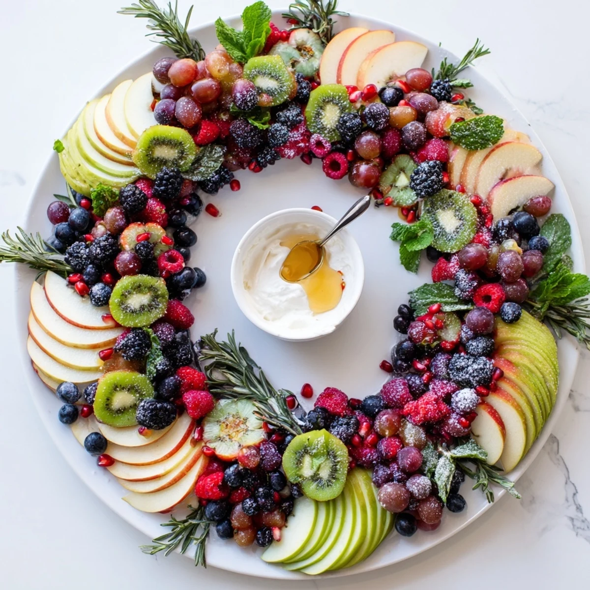 A delicious display of a Winter Berry Wreath Fruit Board with colorful fruits like berries and kiwi.