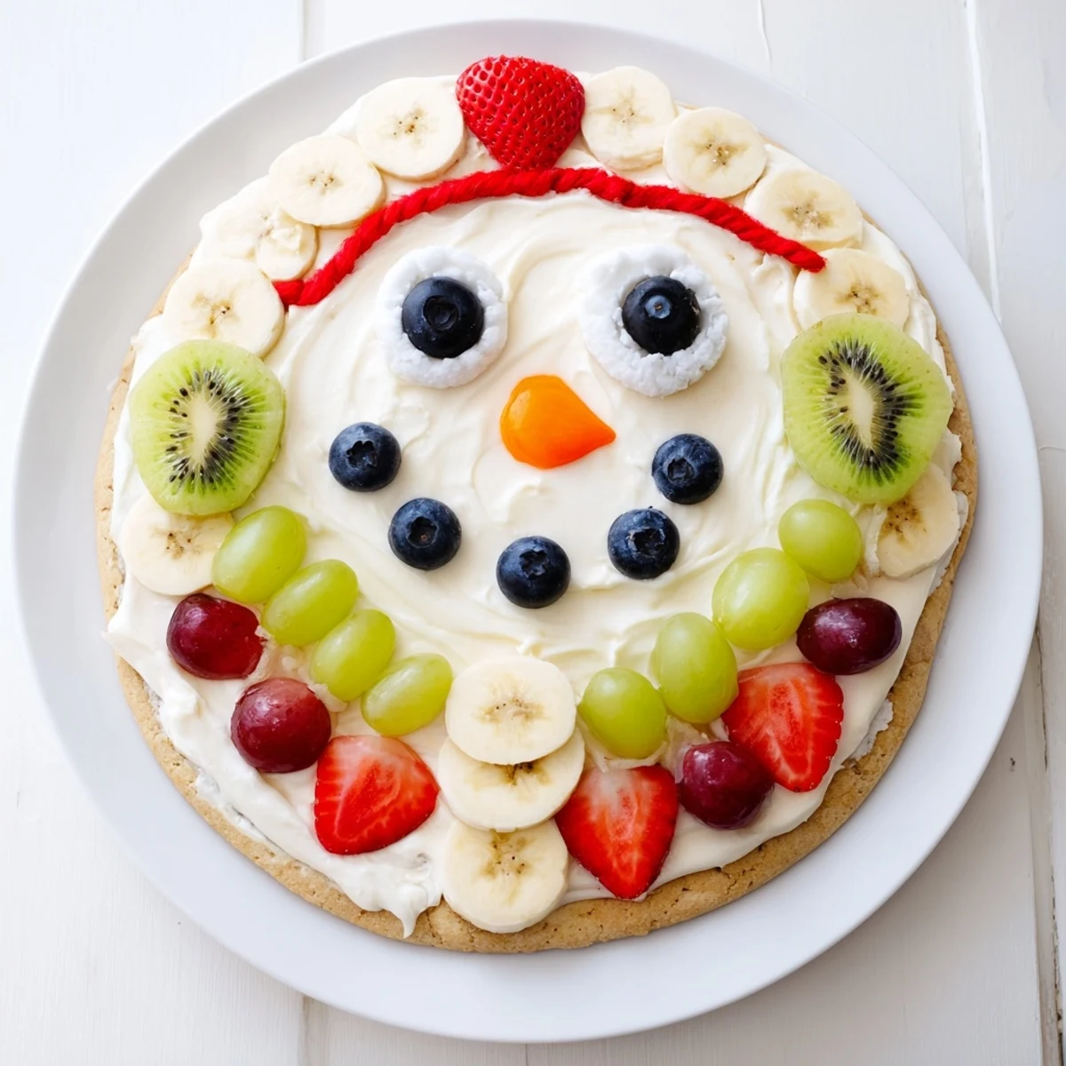 Freshly baked Melting Snowman Fruit Pizza, featuring colorful fruit and creamy frosting, ready to be enjoyed.