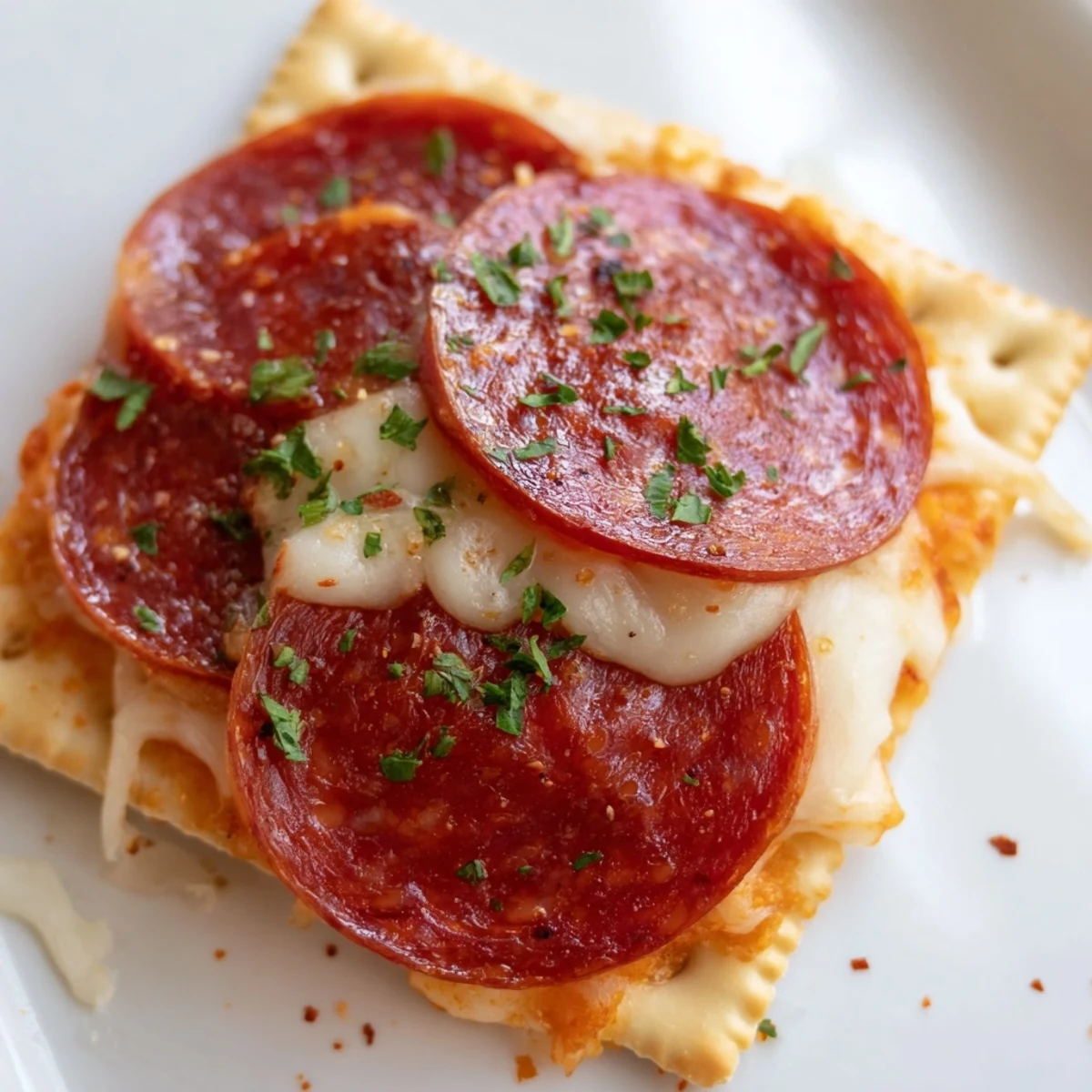 Savory Pepperoni Bites: Melted cheese tops stacked pepperoni on crispy square crackers, a delicious appetizer.