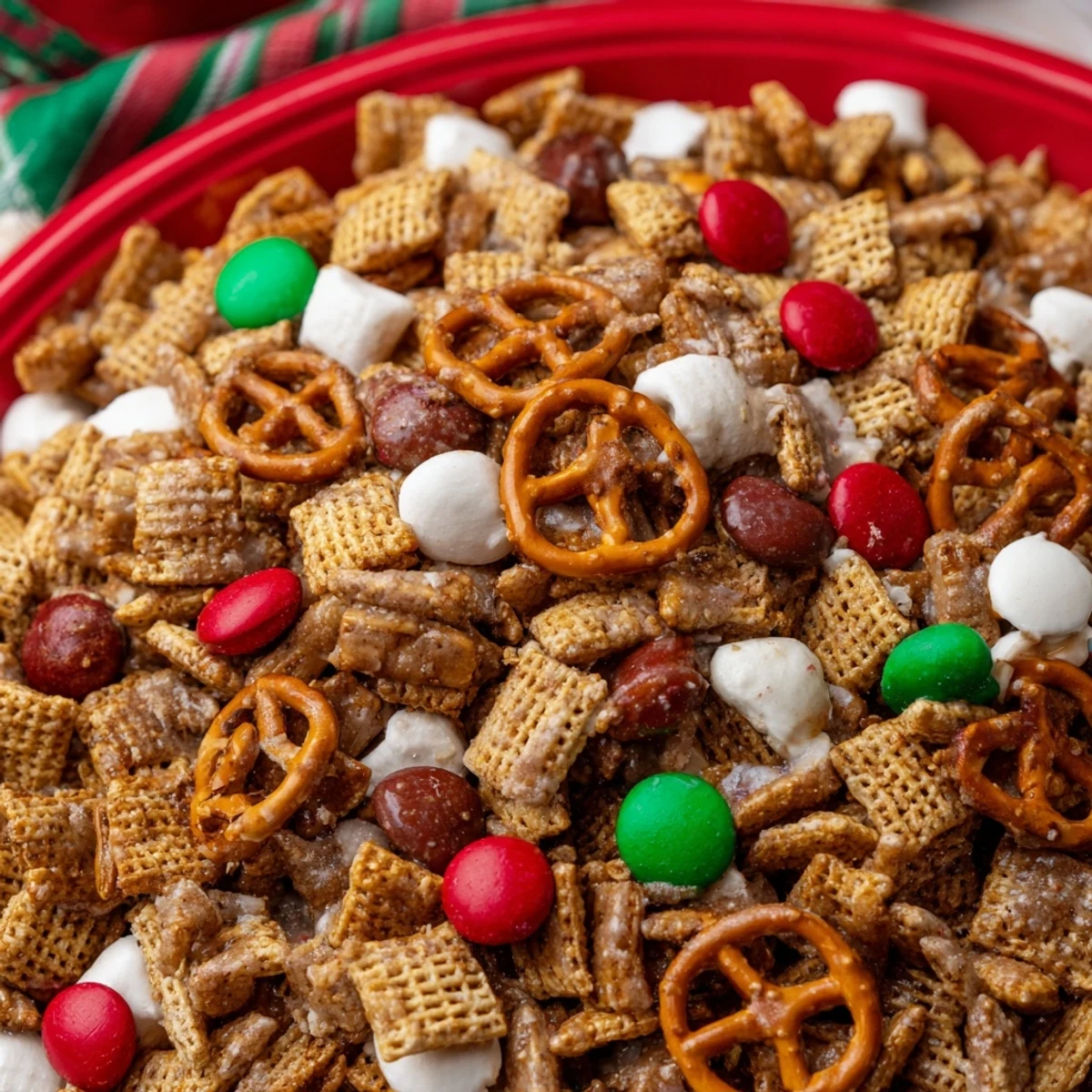 Golden, crunchy Holiday Mix coated in sweet and savory flavors, ready to enjoy.