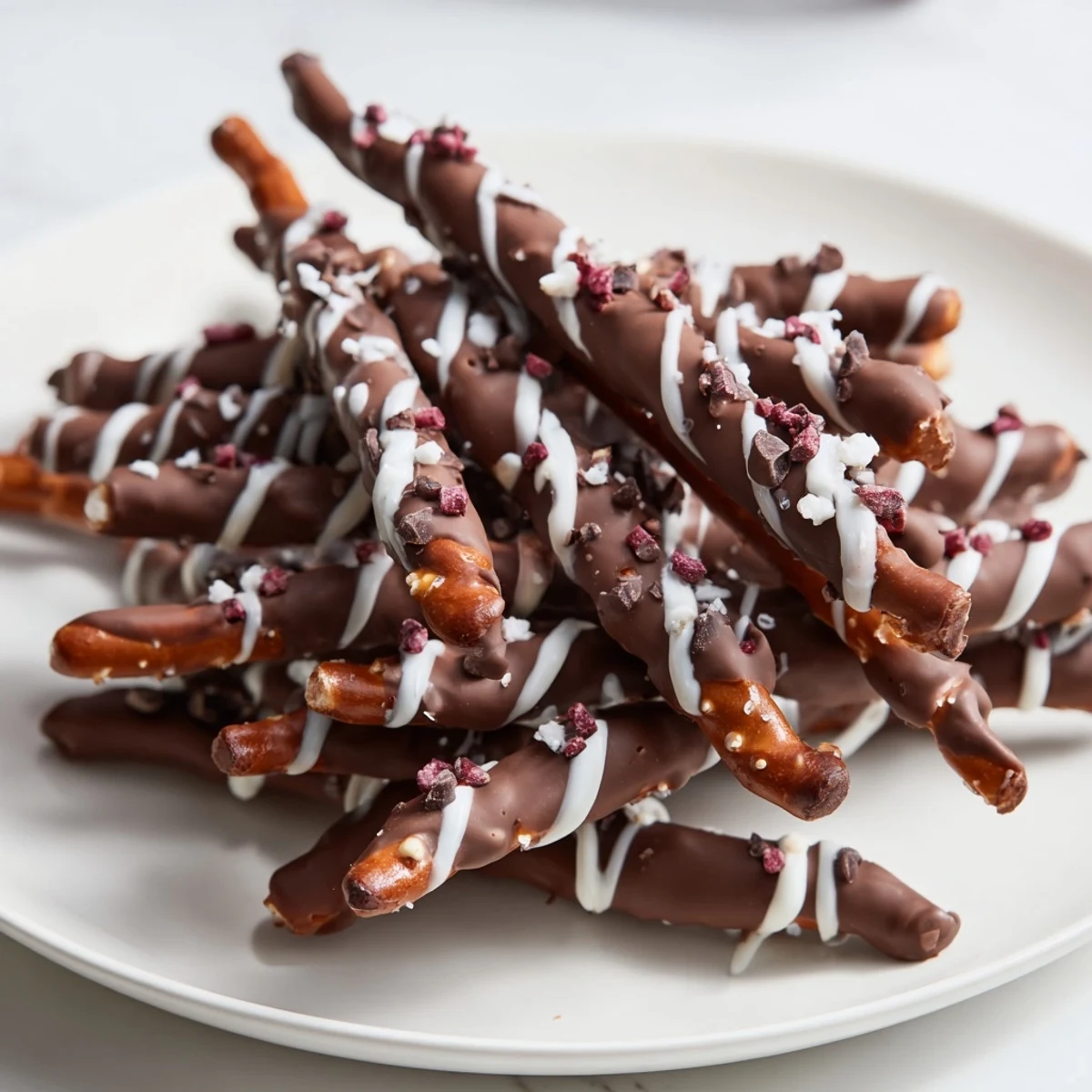 Chocolate covered pretzel stick stacks are layered with white and dark chocolate, so delicious!