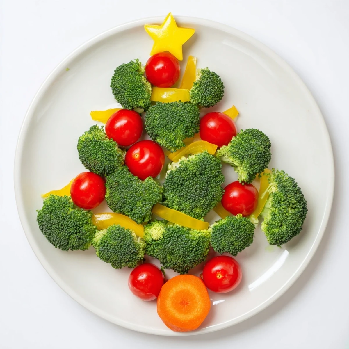 Crisp broccoli tree with vibrant cherry tomato ornaments, a fun and healthy snack ready to serve.