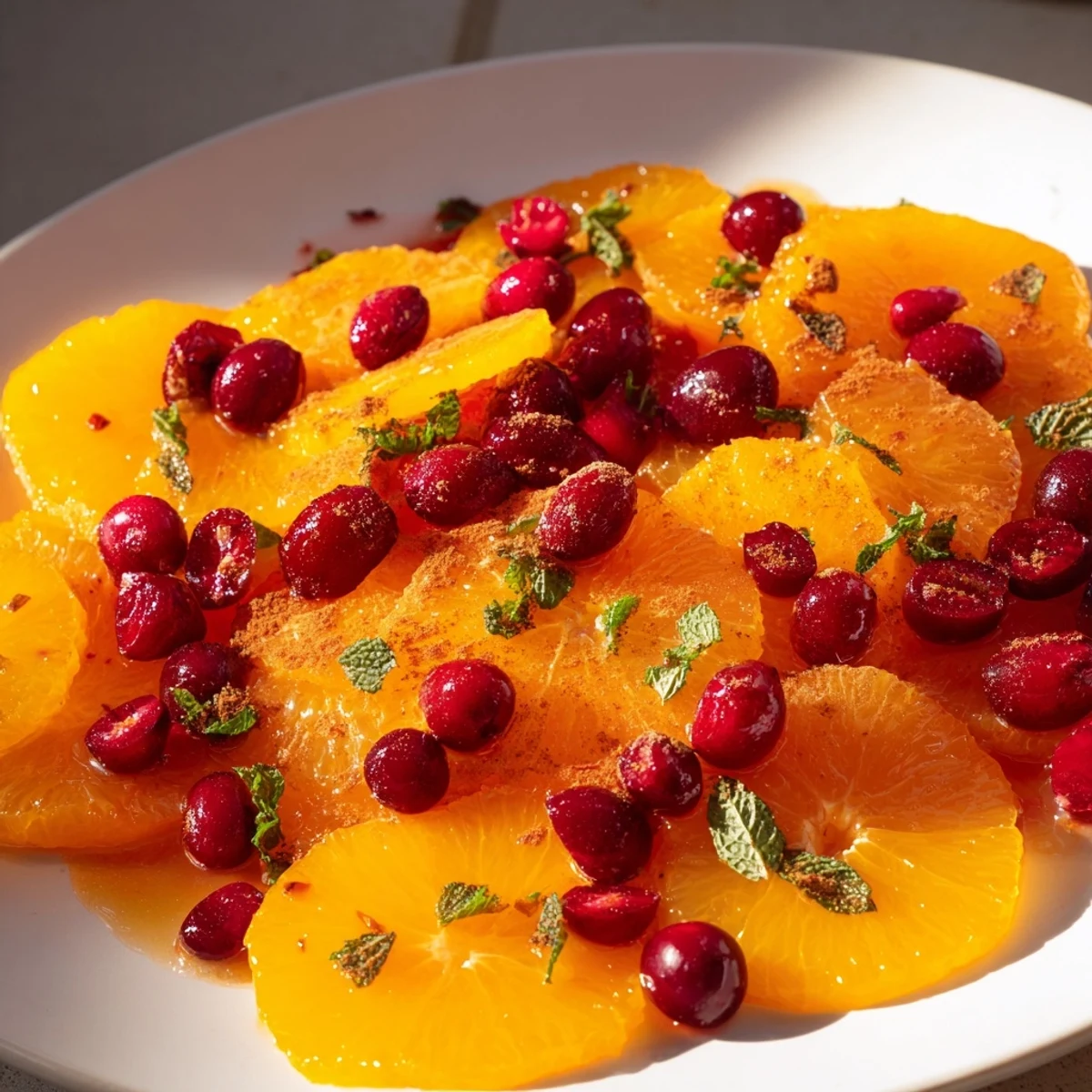 Vibrant winter fruit salad showcasing juicy orange slices and ruby-red cranberries, ready to enjoy.