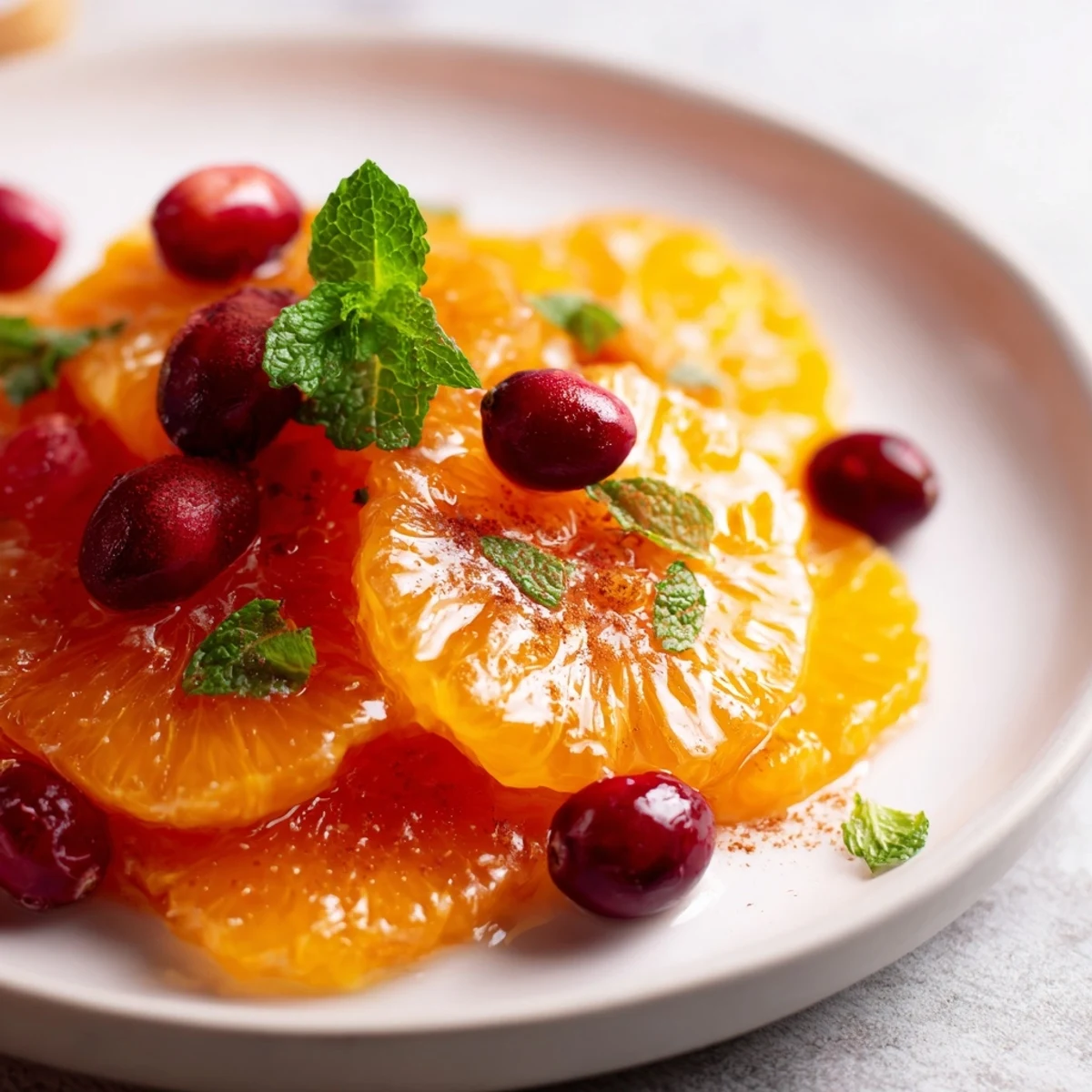 A colorful close-up of the winter fruit salad, featuring the sweetness of orange and cranberries.