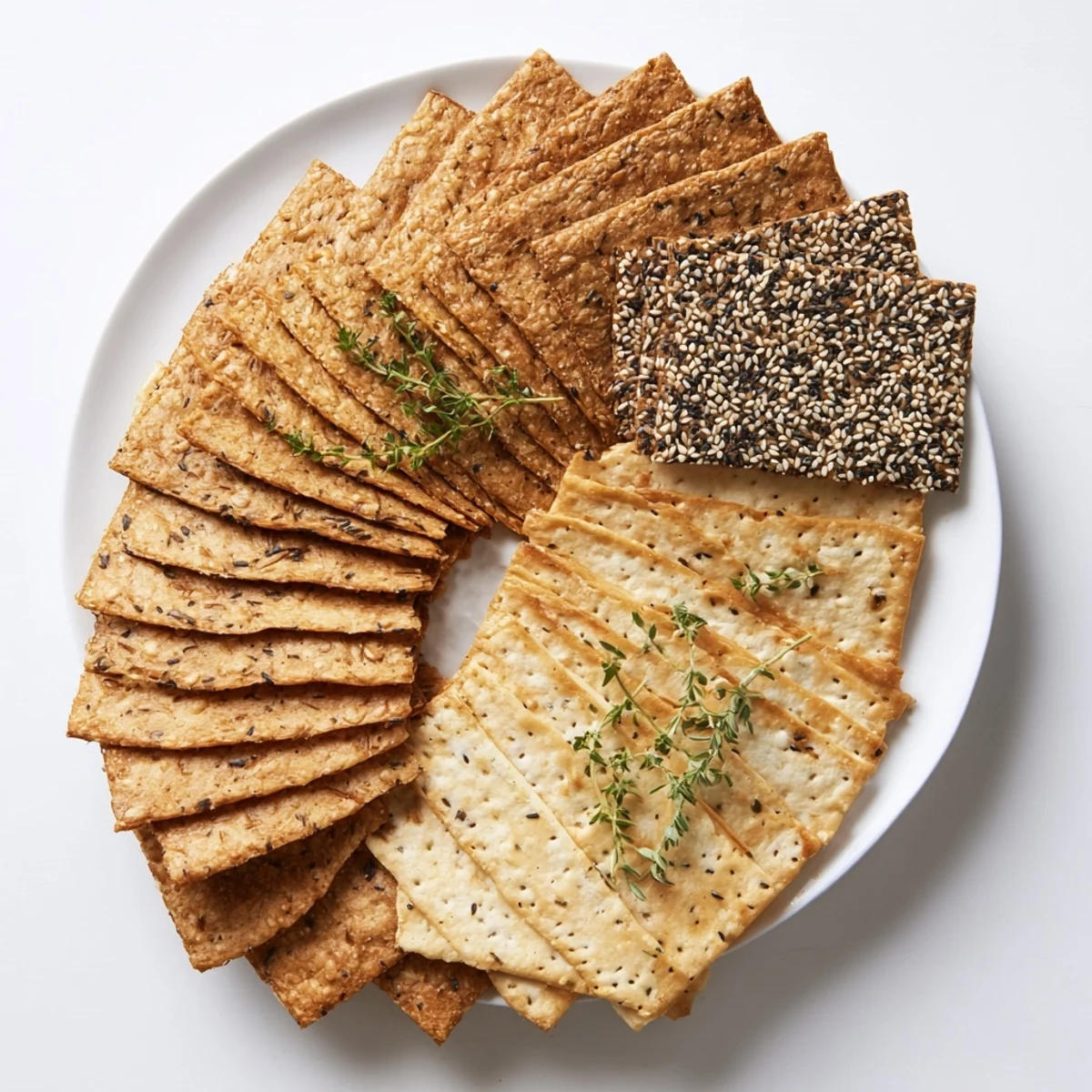 A layered fan of gourmet crackers, perfect appetizer with herbs and fruits for elegant snacking.