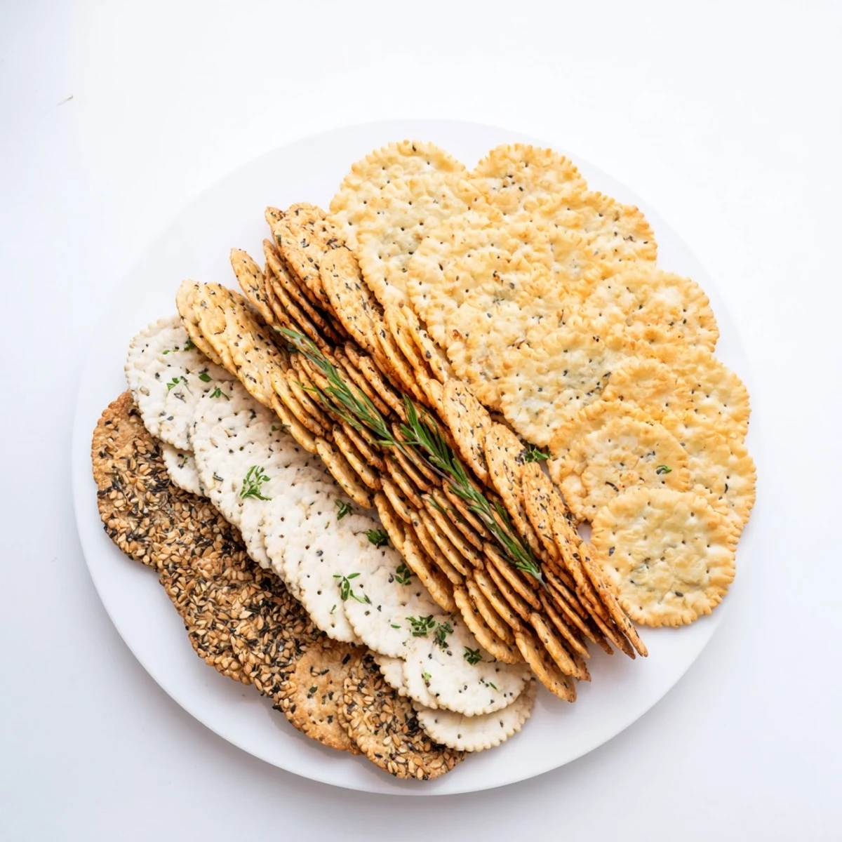 Crisp gourmet crackers arrayed on a platter, ready to be paired with cheese for a tasty treat.