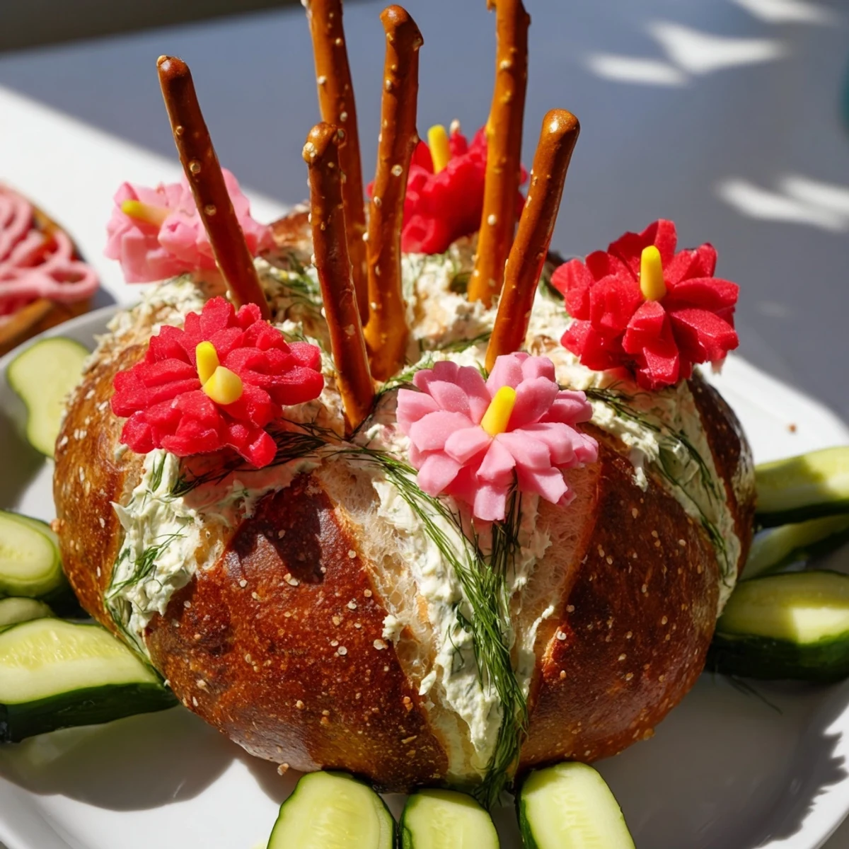 This eye-catching Desert Cactus Bloom features bread, cream cheese, and edible flower decorations perfect for sharing.