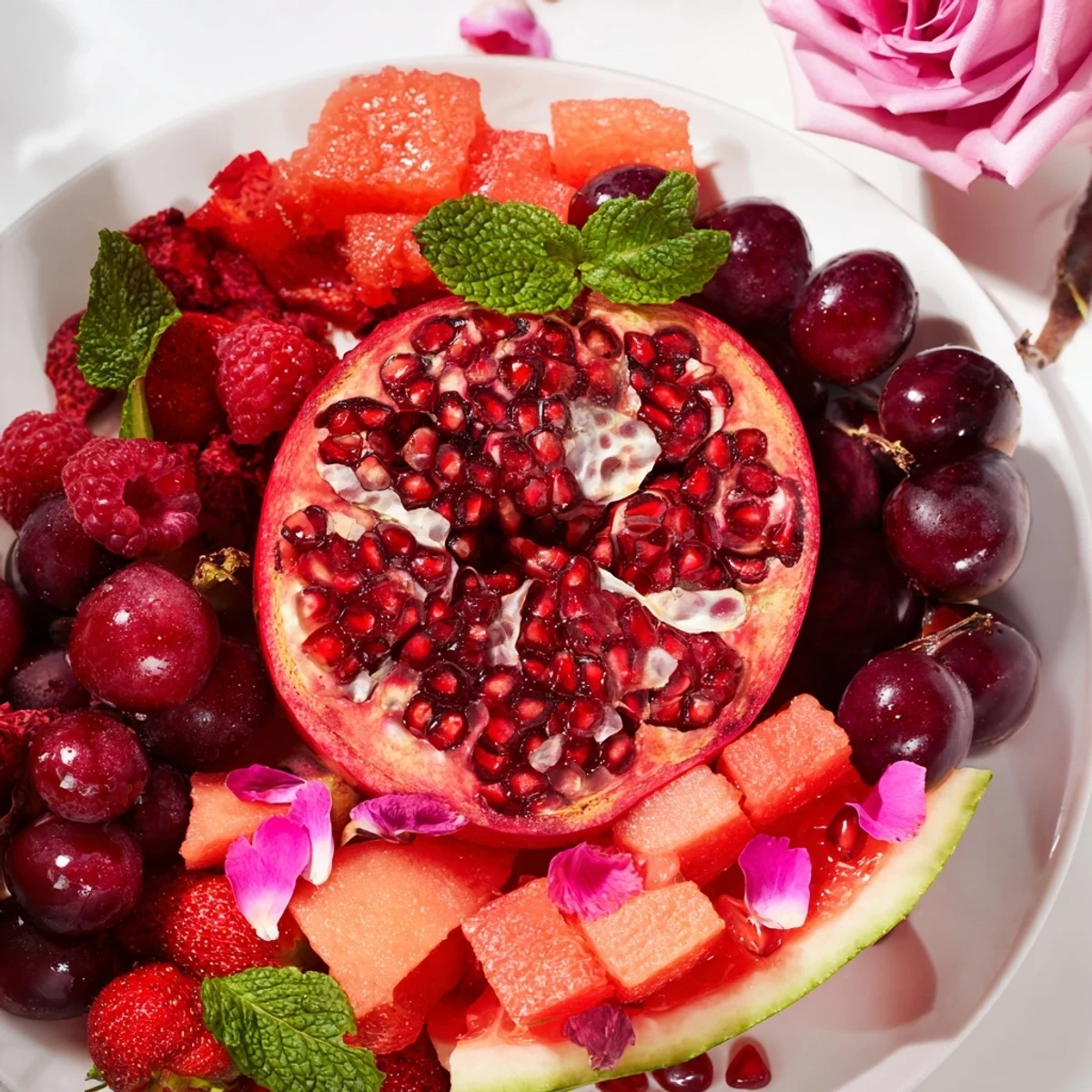 Freshly assembled The Pomegranate Pivot appetizer: a refreshing fruit platter with varied textures and colors.