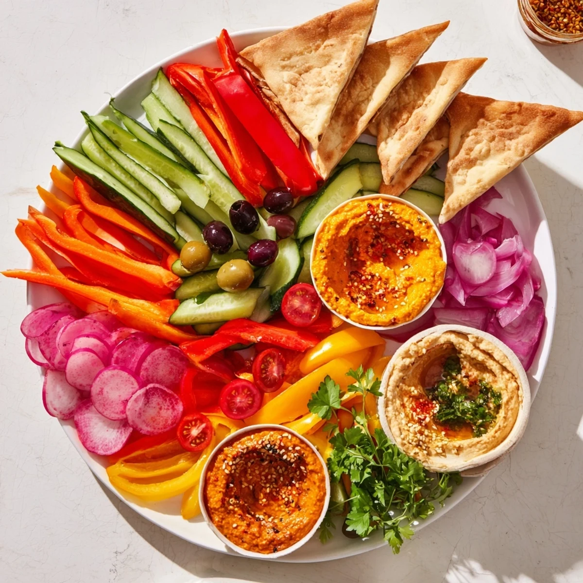 Vibrant The Moroccan Tent appetizer: colorful veggies, spiced dips, and warm flatbreads, perfect sharing.