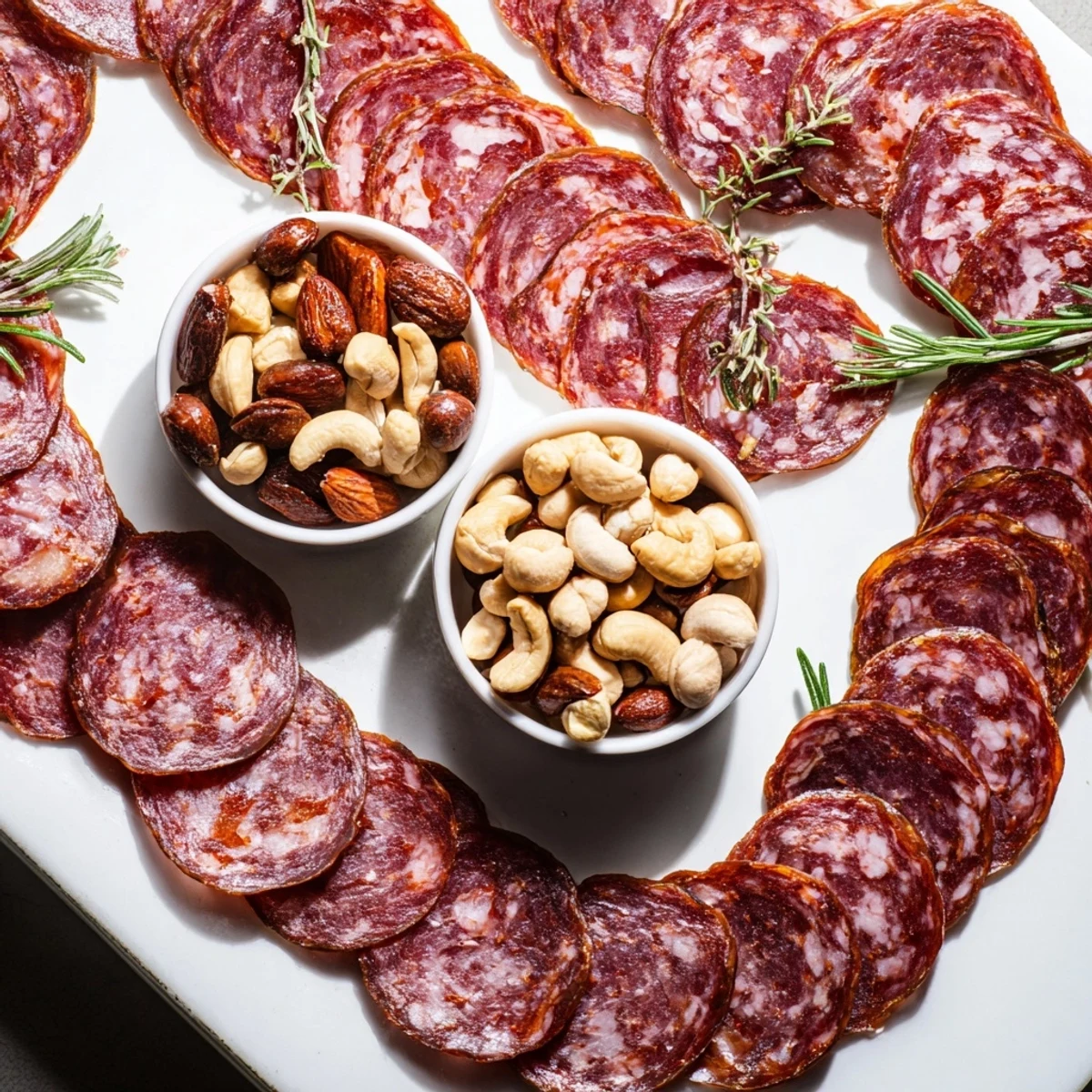Delectable The Infinity Loop appetizer: salami artfully looped between bowls of nuts for easy snacking.