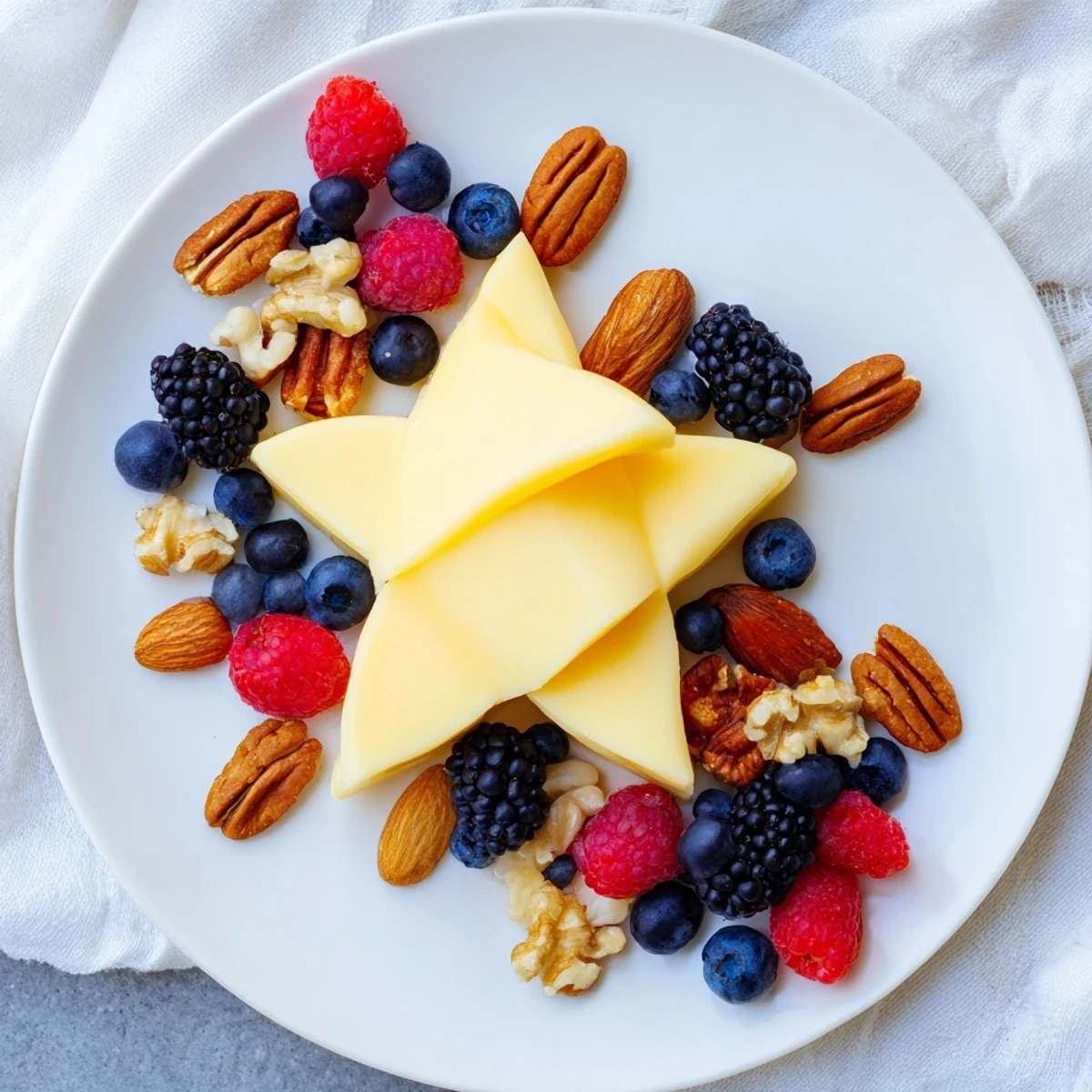 Delicious Shooting Star Cheese Board appetizer, artfully arranged with colorful berries and crunchy nuts.