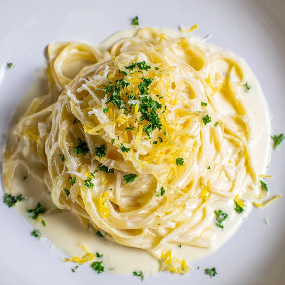A close-up of Lemon-Garlic Greek Yogurt Pasta, showcasing the creamy sauce with lemon zest.