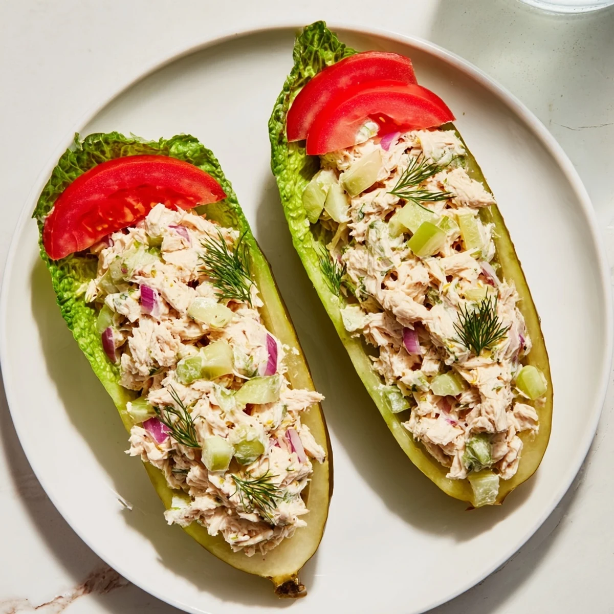 Tangy pickle sandwich with chicken salad, a refreshing low-carb main dish, ready to eat.