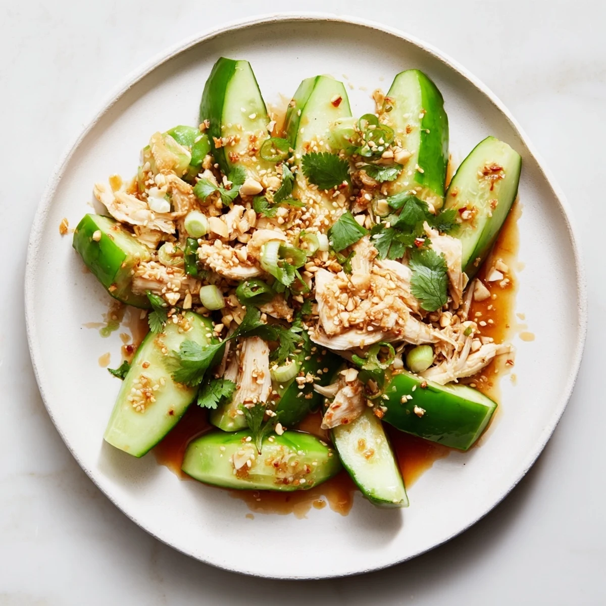 Fresh Whole Cucumber Logan Salad with shredded chicken and sesame seeds, a refreshing summer meal.