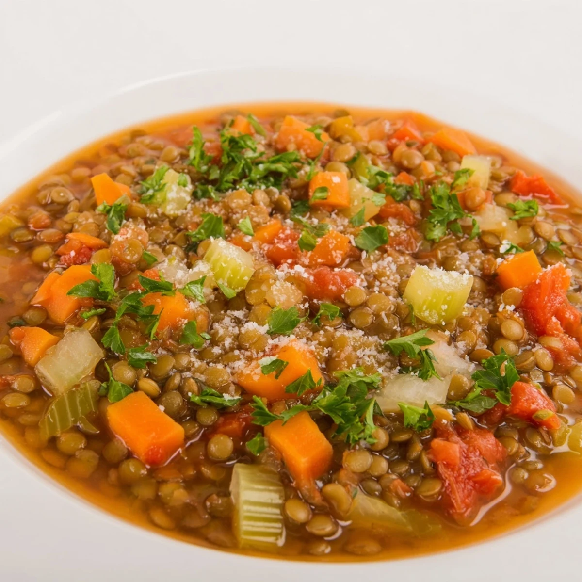 Steaming bowl of Ditalini and Lentil Soup, a hearty Italian favorite with parmesan and parsley.