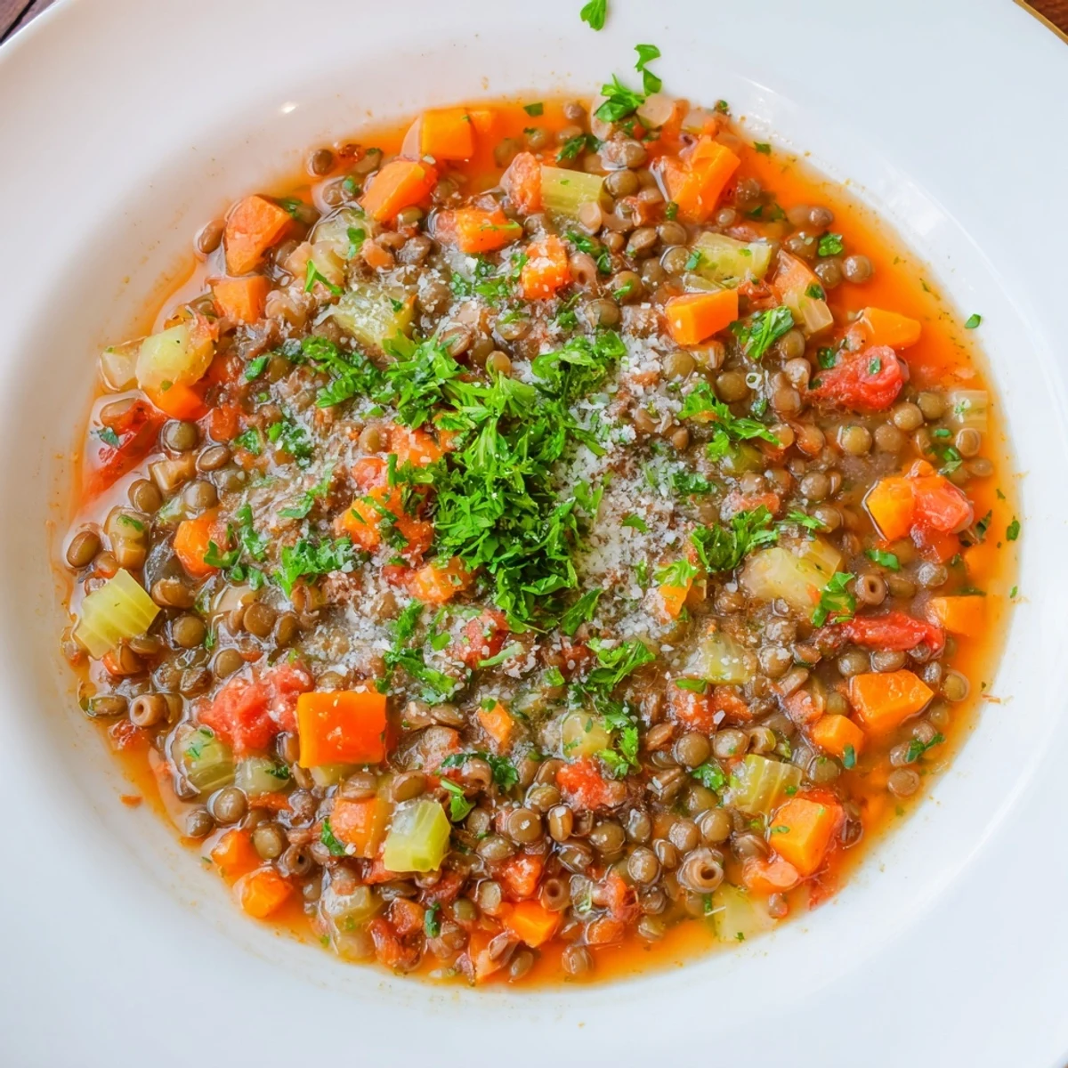 Rustic close-up of vibrant Ditalini and Lentil Soup, showcasing tender lentils and pasta.