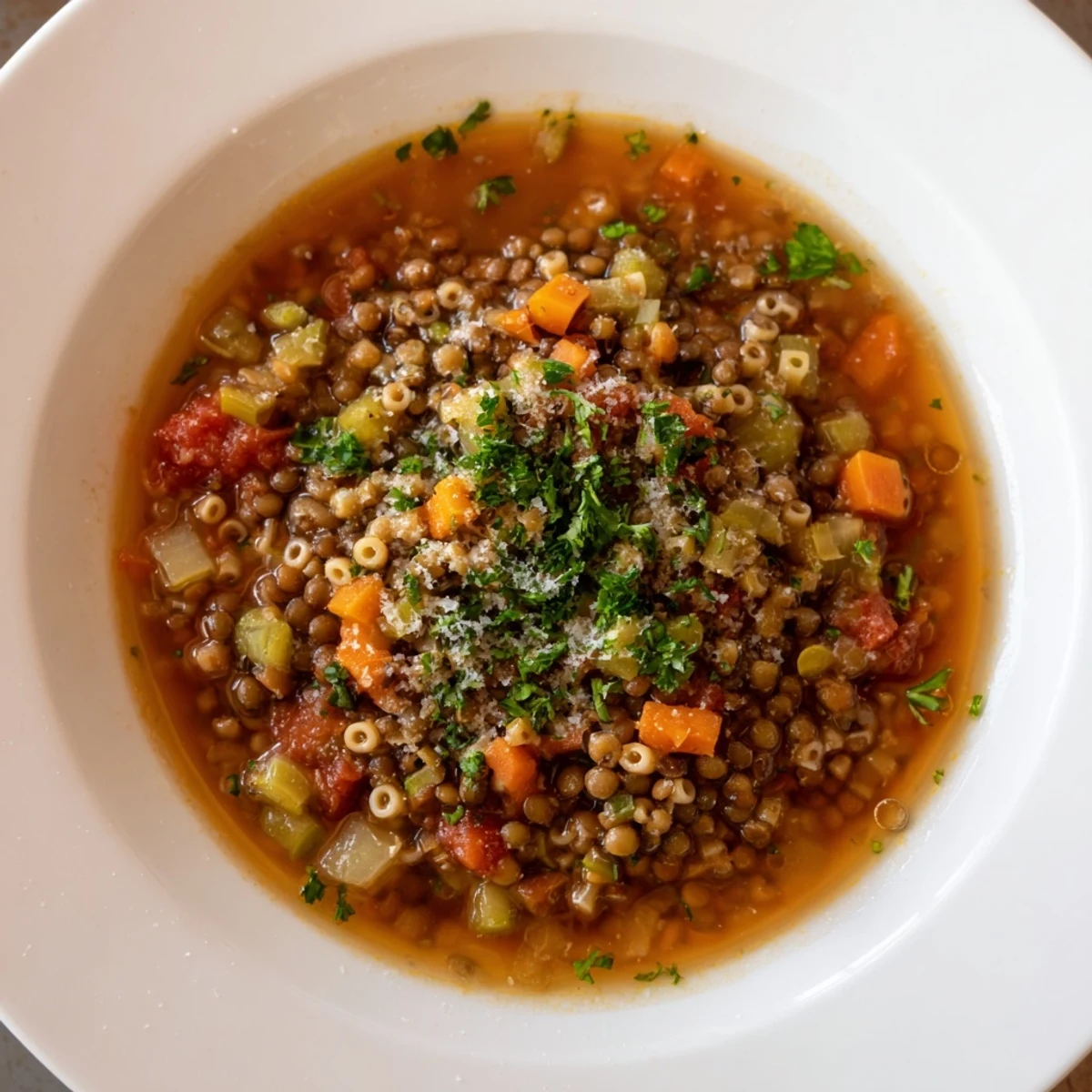 Flavorful Ditalini and Lentil Soup is served in a bowl, perfect for a cozy, comforting lunch.