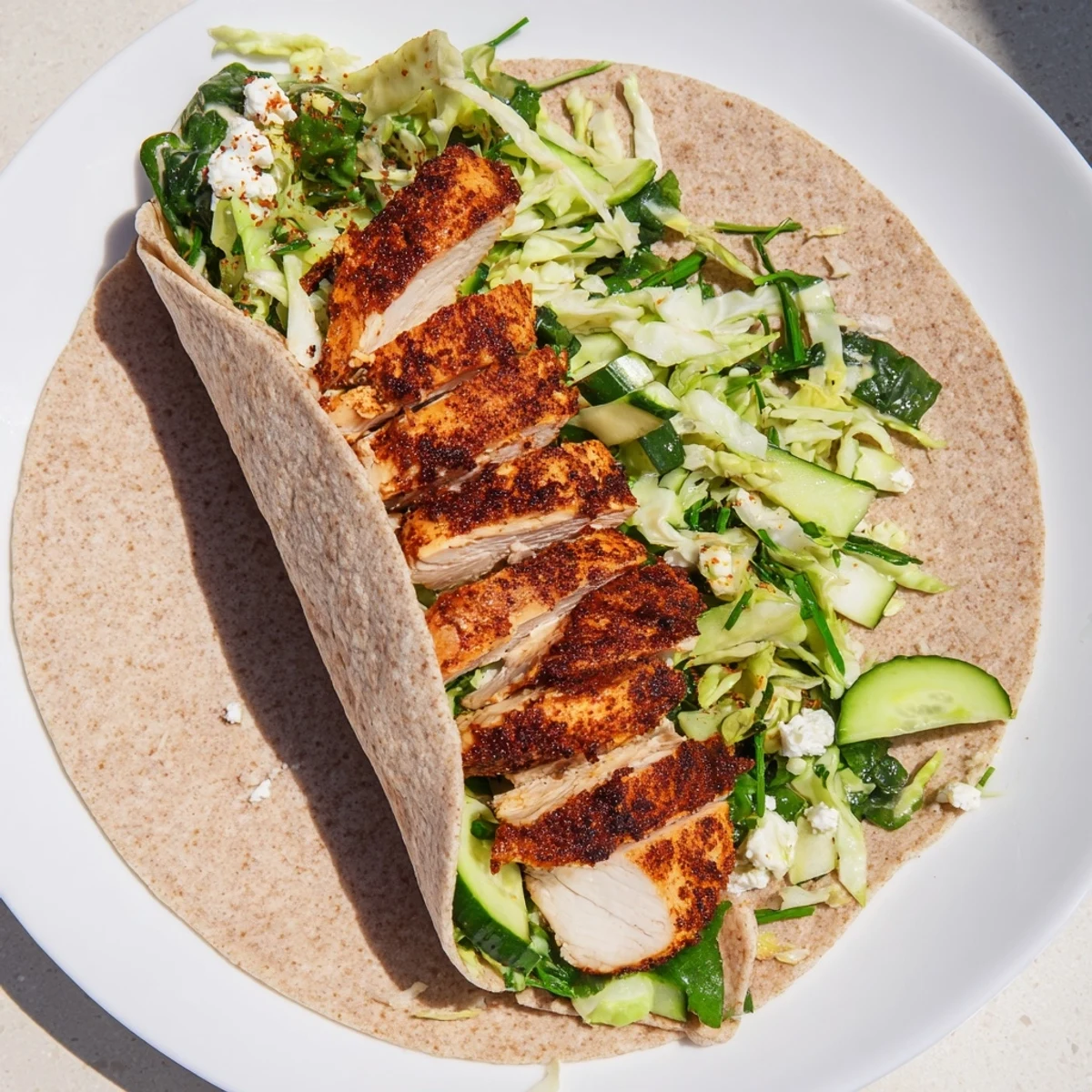 Grilled chicken slices wrapped inside a Green Goddess Chicken Wrap, full of vibrant greens and textures.