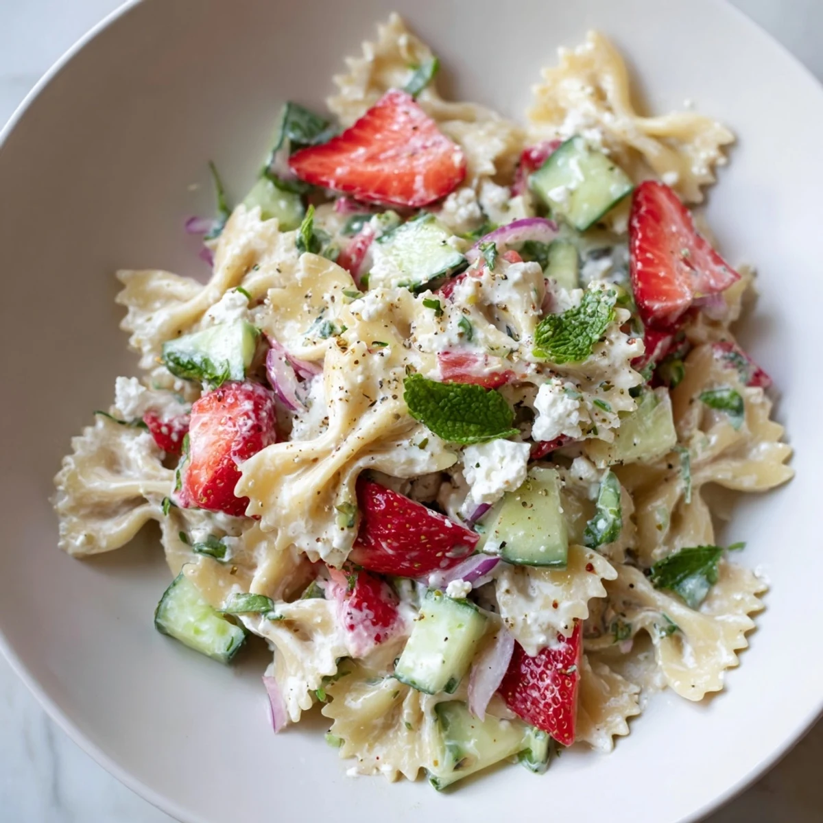 Strawberry Feta Pasta: A vibrant summer salad with ripe strawberries, creamy feta, and Greek yogurt dressing.