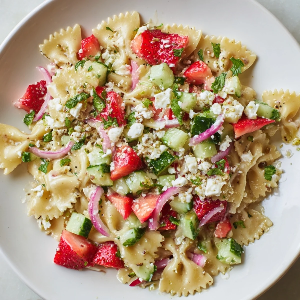 This Strawberry Feta Pasta features colorful fresh ingredients, creating a refreshing, flavorful vegetarian meal.