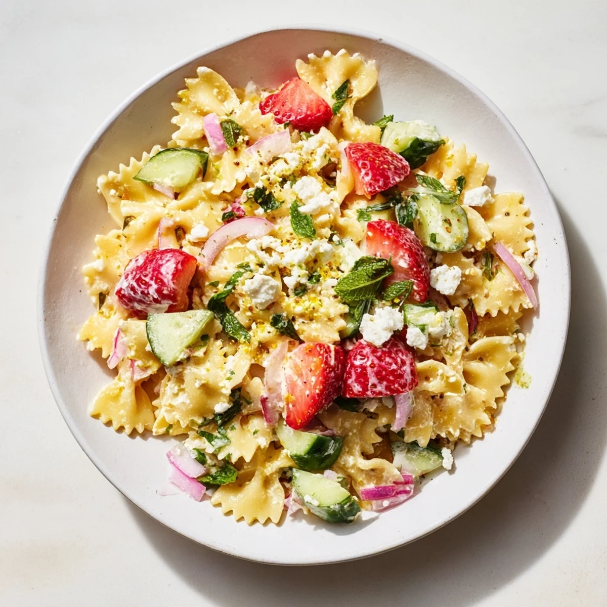Chilled Strawberry Feta Pasta, a sweet and savory delight, showcasing juicy strawberries and crumbled feta cheese.