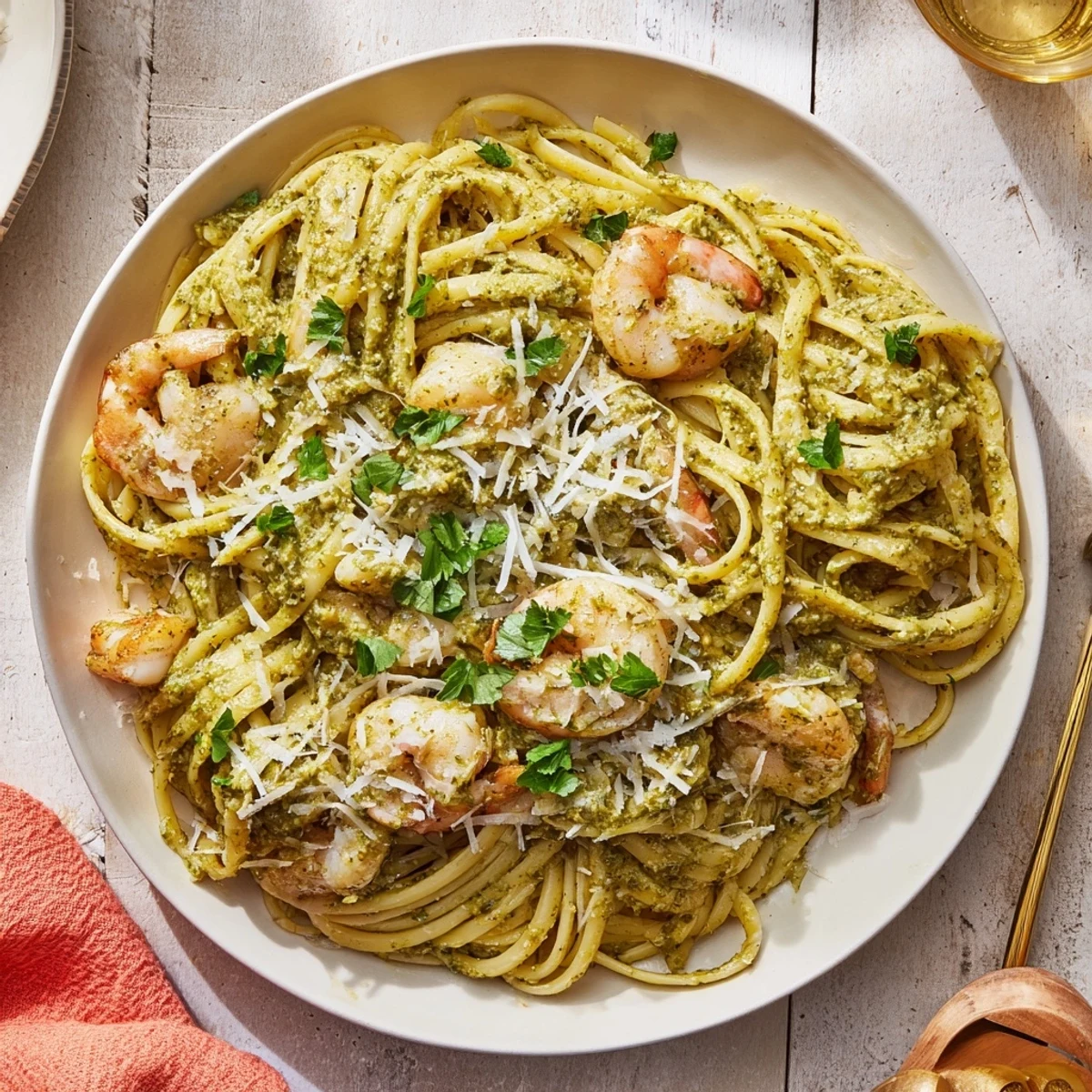 Creamy pesto egg and chicken pasta with Parmesan topping, ready to eat and enjoy.