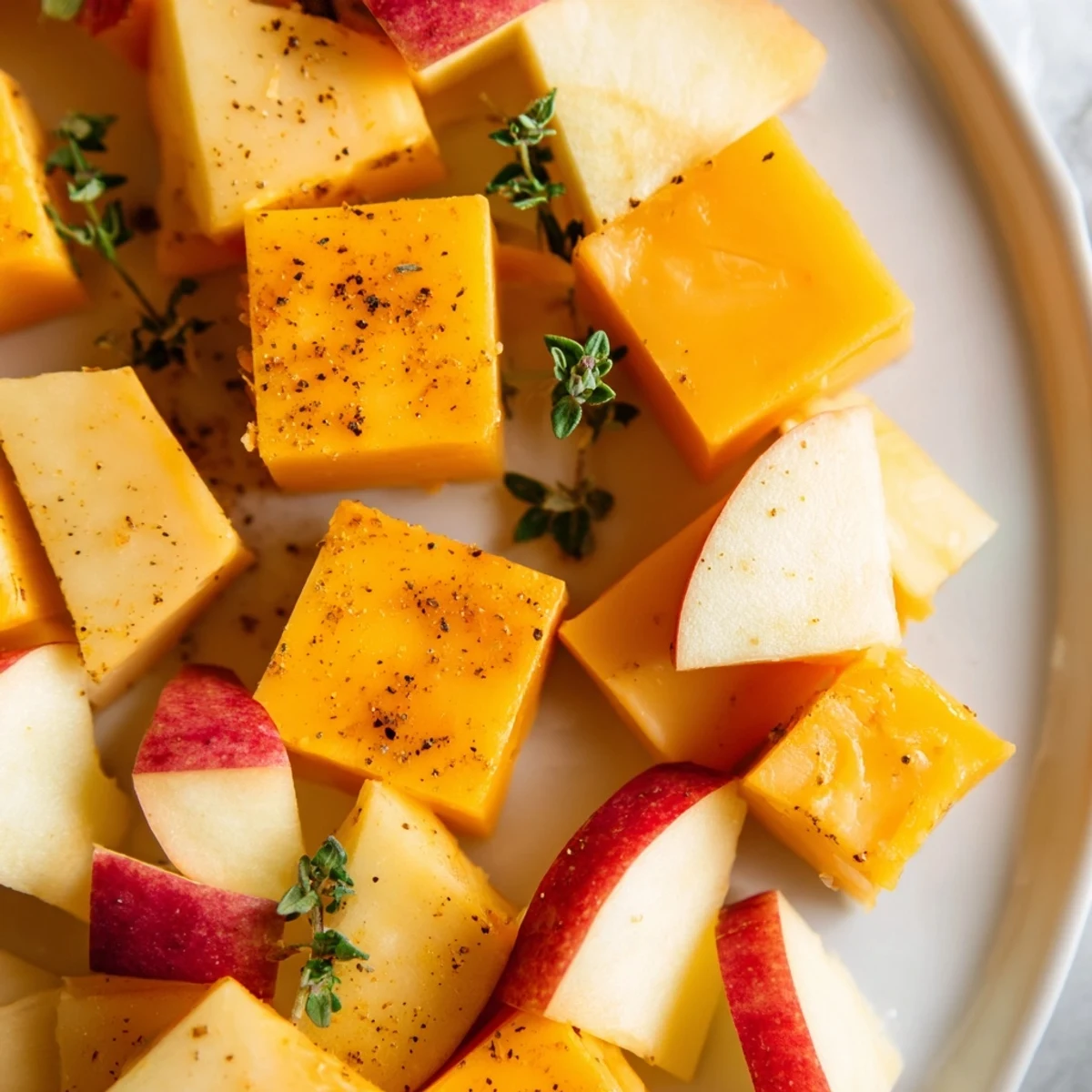 Vibrant The Autumn Ember appetizer: cheese cubes dusted red like glowing embers, alongside apple wedges.