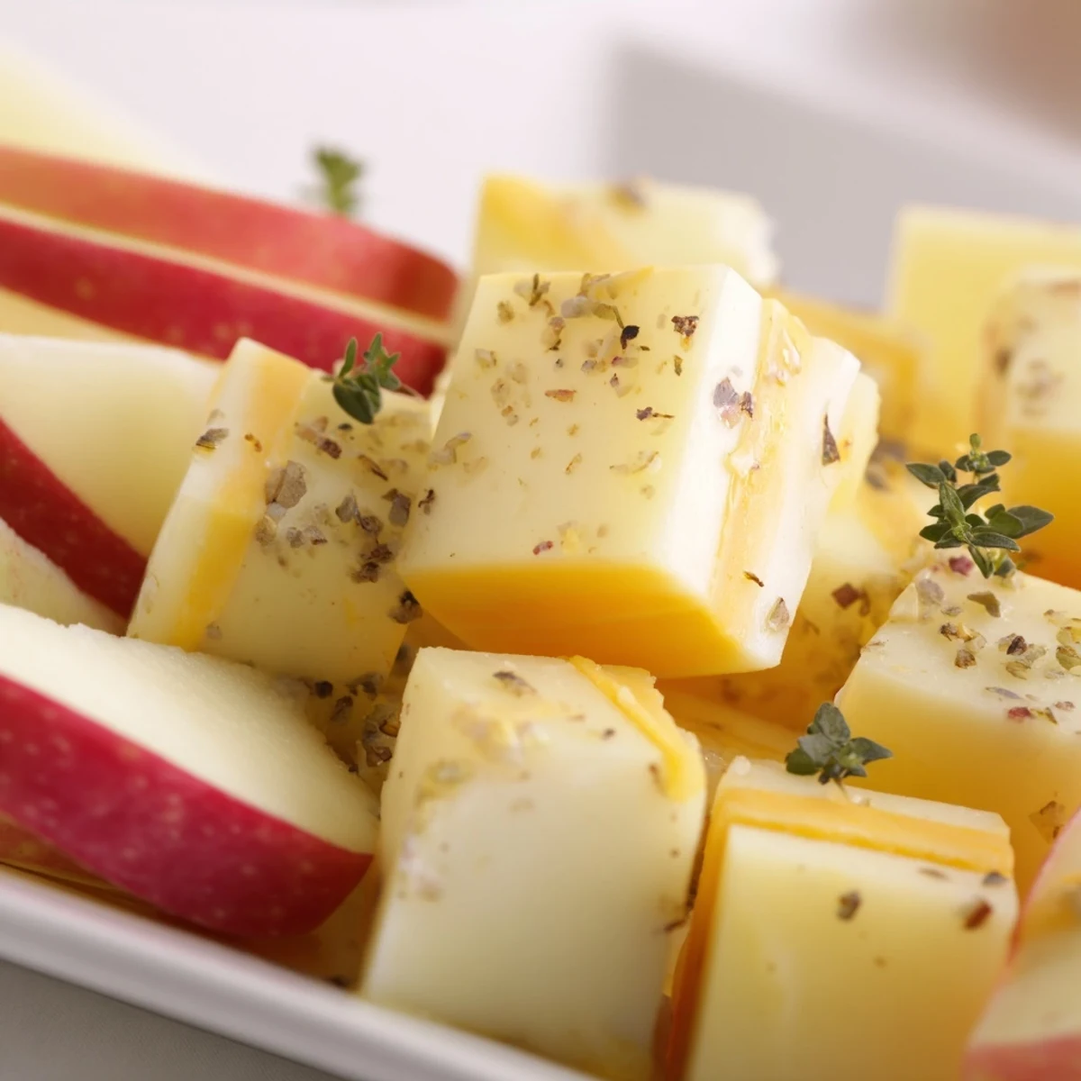 Close-up of The Autumn Ember: Smoked paprika coats cheese with red apples, ready to enjoy.