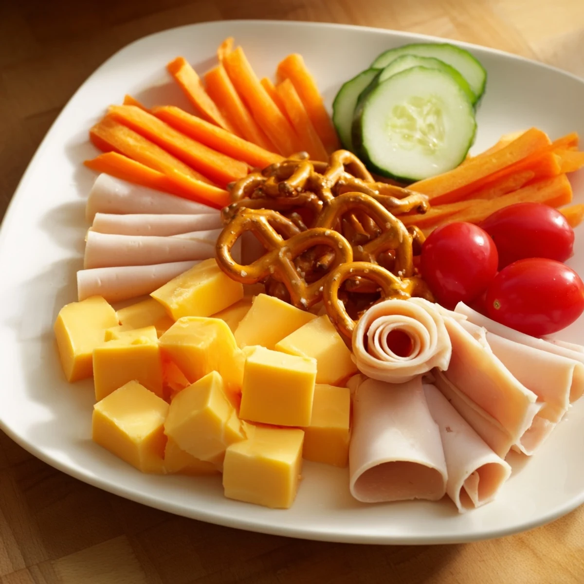 Vibrant Renard Rusé Snack Assortment with cheese, pretzels, and fresh veggies, ready to serve!