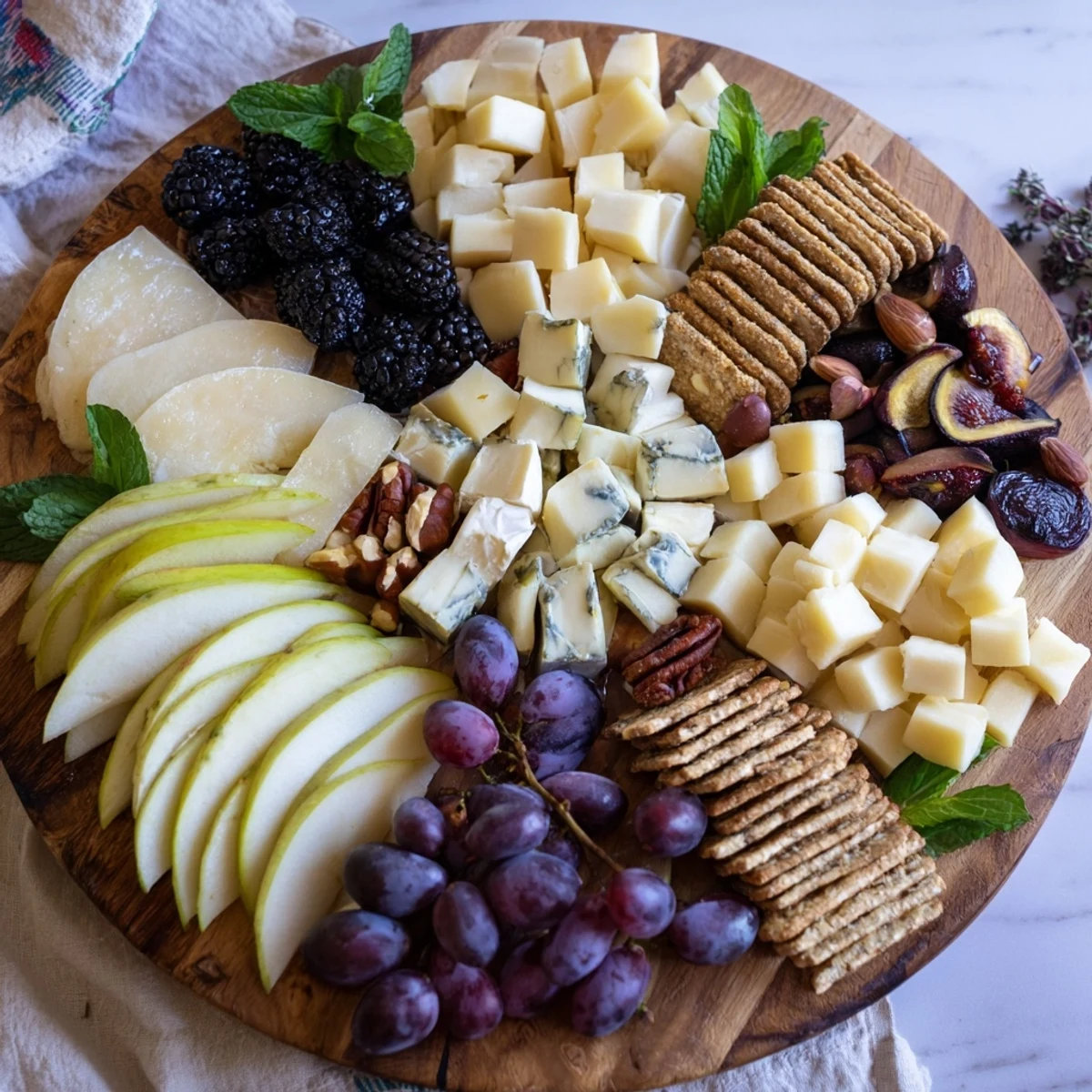 Beautiful Yin-Yang Balance appetizer board with blackberries dividing light and dark delicacies.