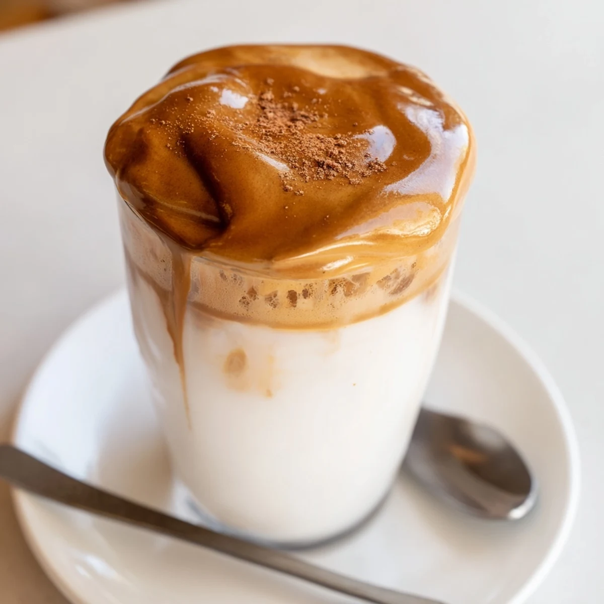 Fluffy peaks of brown sugar dalgona latte sit atop cold milk, ready to drink.