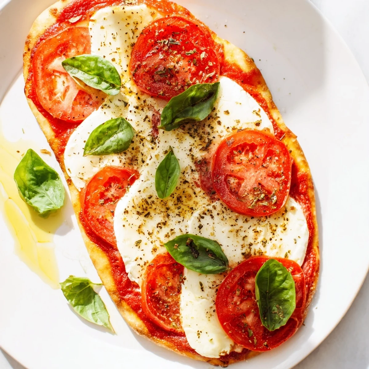 Sizzling Quick Margherita Naan Pizza with melted mozzarella, ripe tomatoes, and fresh basil, ready to eat.