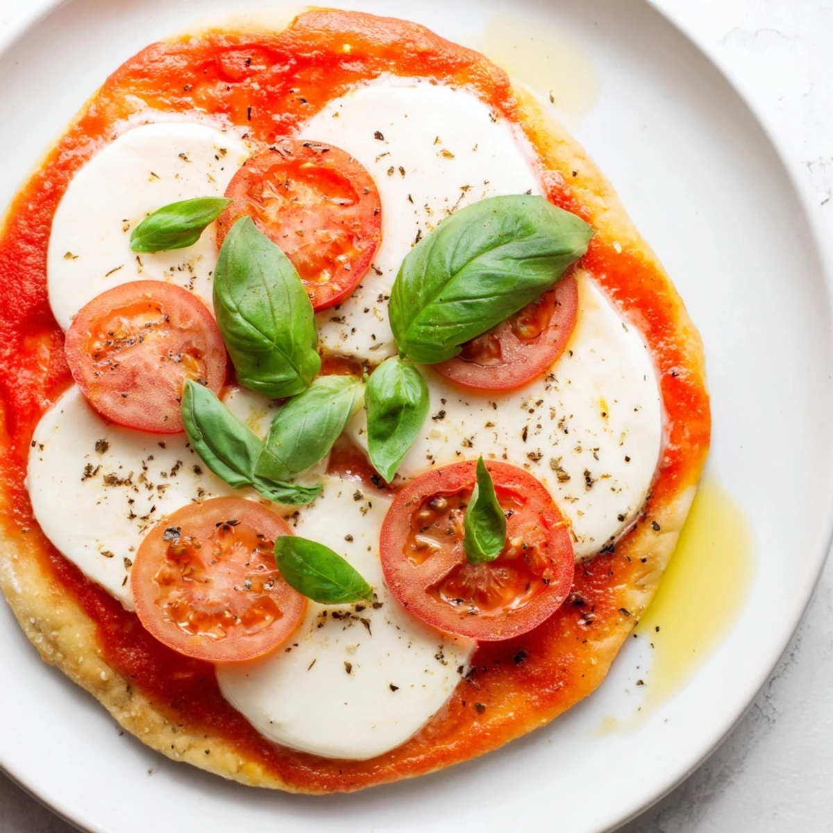 Golden-crusted Quick Margherita Naan Pizza boasting bubbly cheese, fragrant basil, and a delicious tomato sauce.