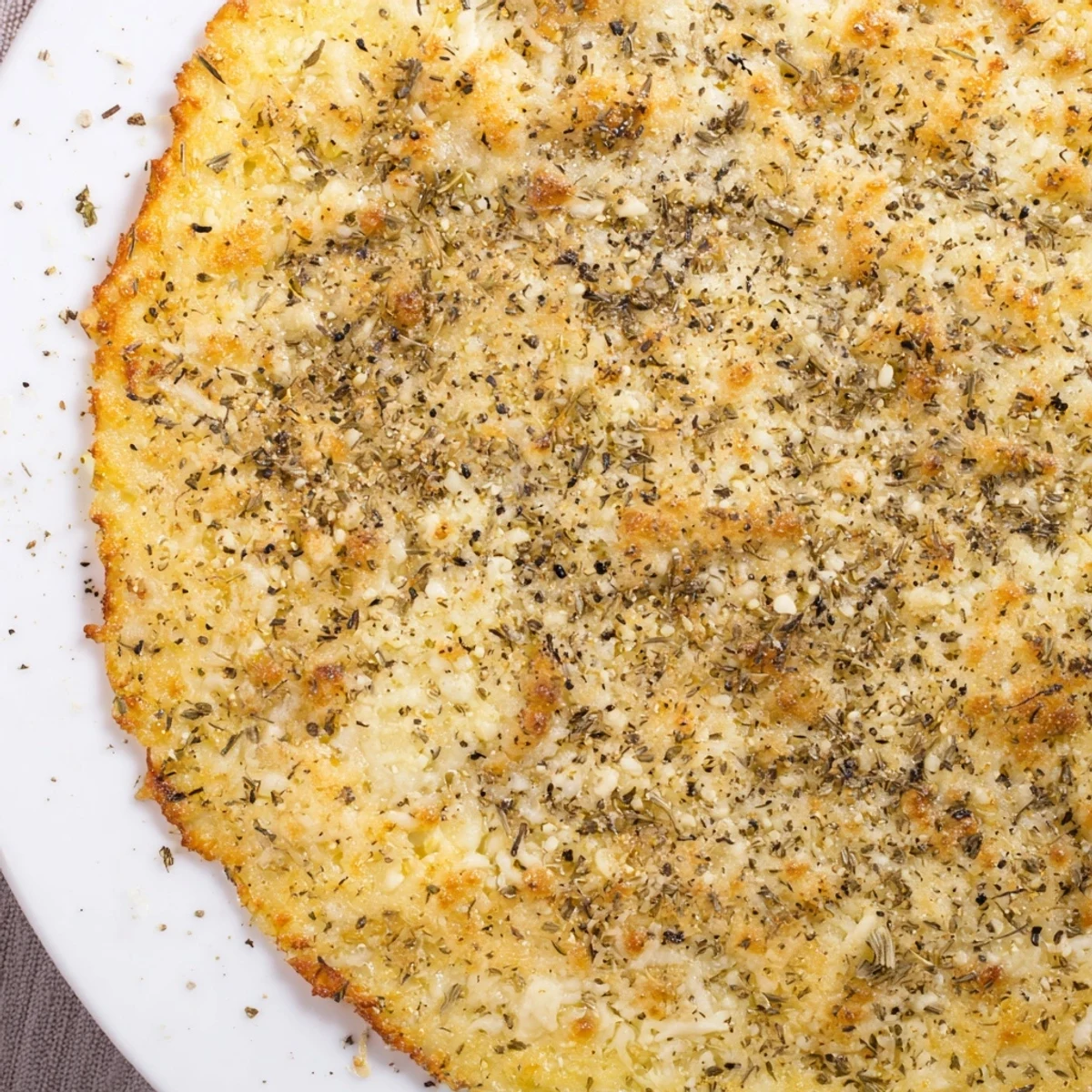 A golden-brown cauliflower pizza crust, baked and ready for your favorite toppings.