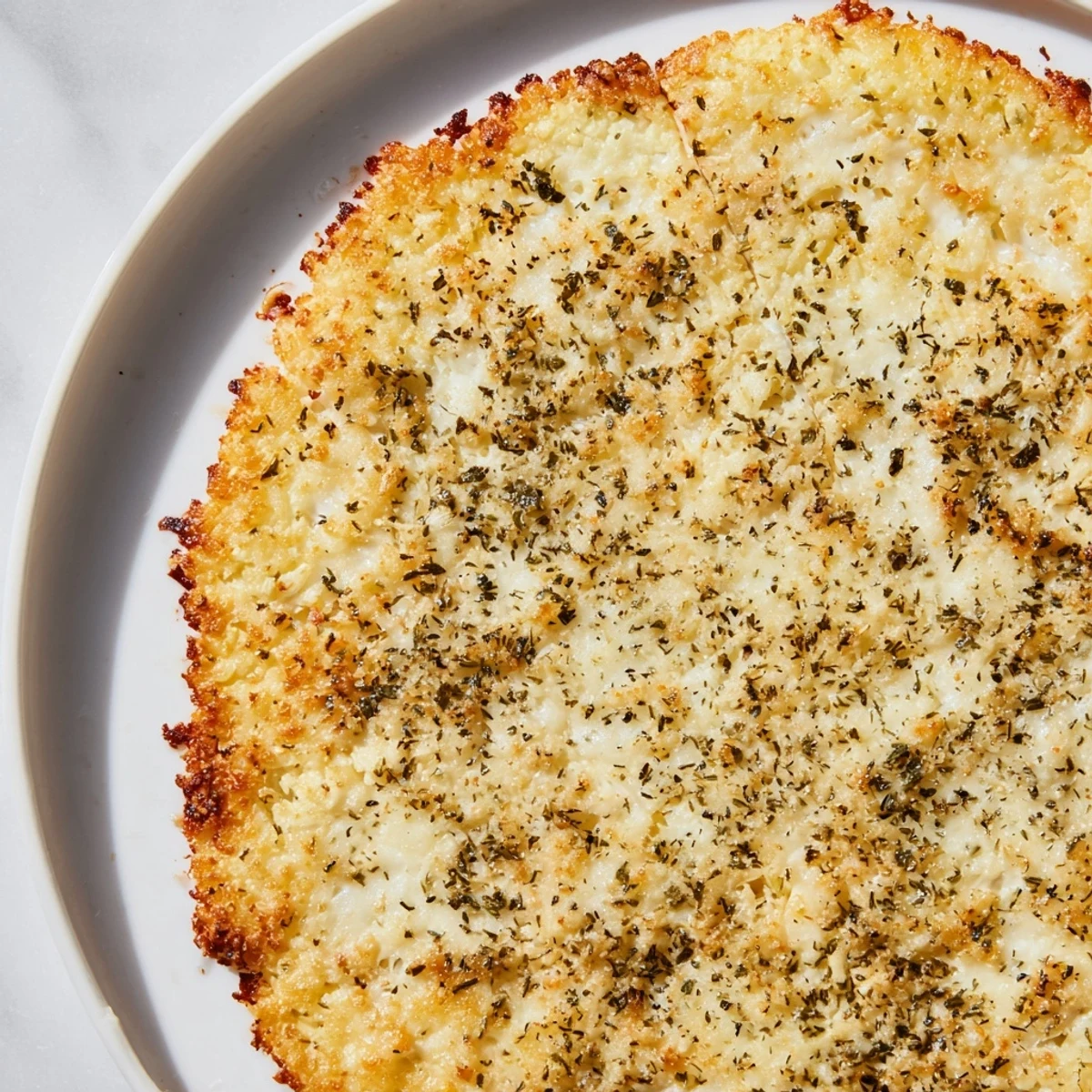 Imagine a homemade cauliflower pizza crust with melty cheese and fresh toppings, ready to eat.