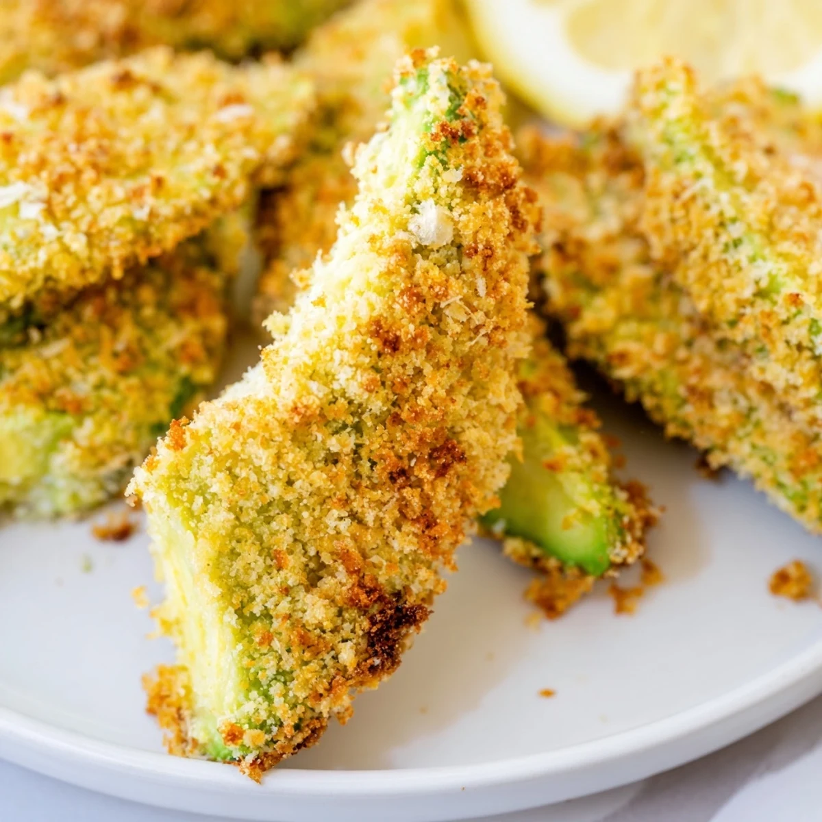 Golden-brown, crispy baked avocado fries ready to be dipped and enjoyed as a delicious snack.
