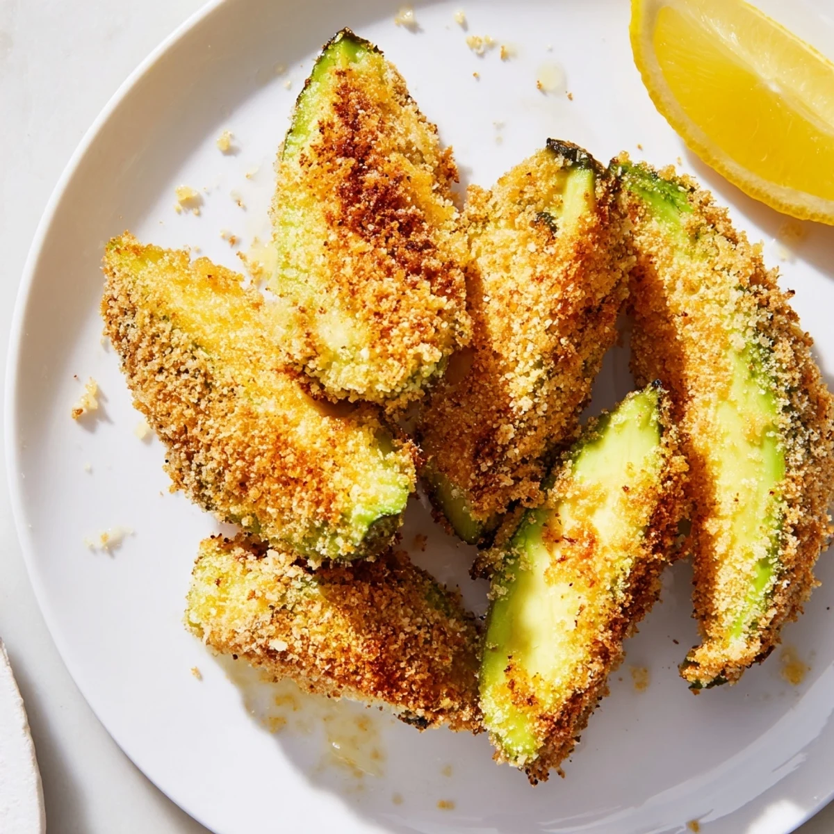 These homemade crispy baked avocado fries look irresistibly crunchy and flavorful on a baking sheet.