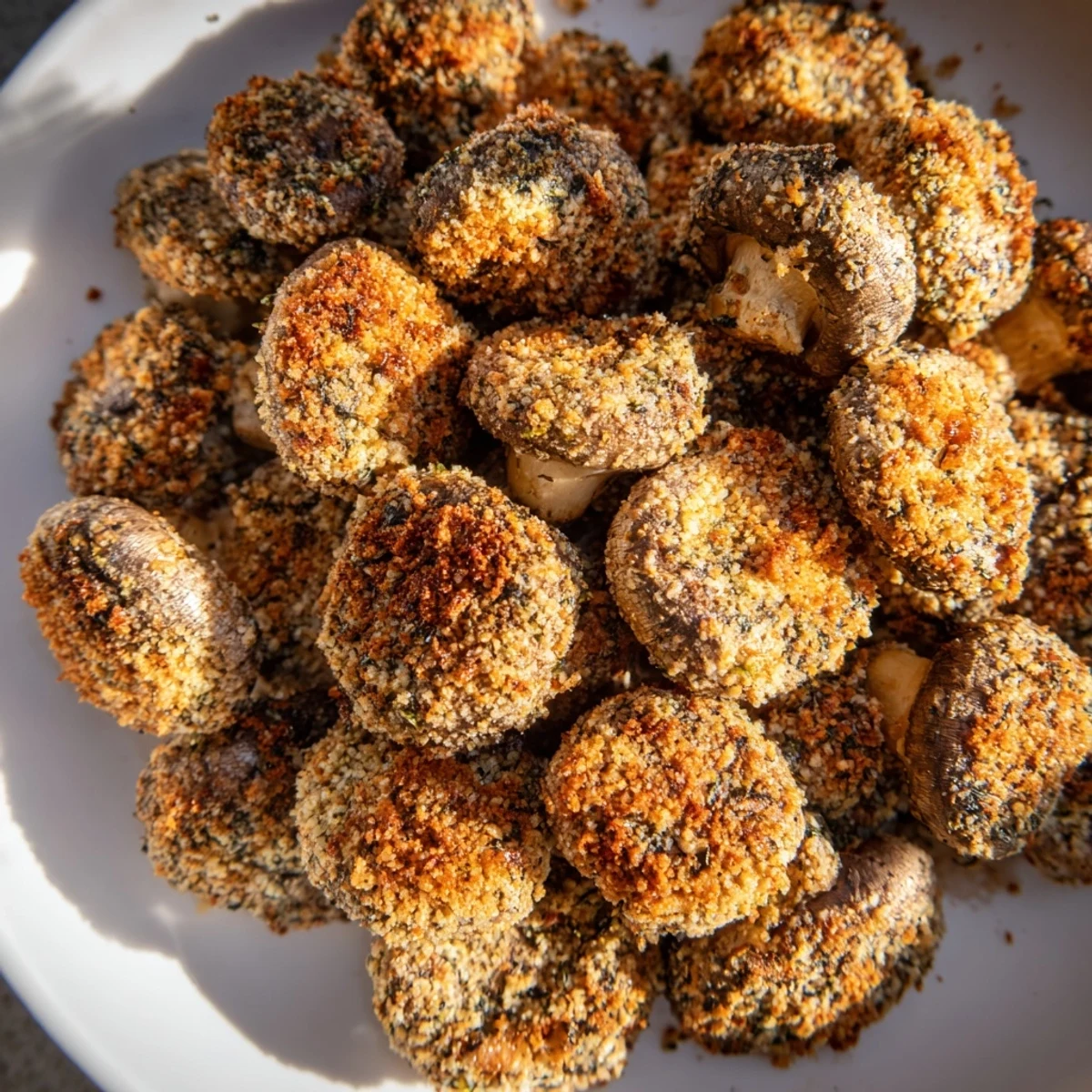 Oven-baked Ranch-Seasoned Crispy Mushrooms, served on a baking sheet, ideal snack for any gathering.
