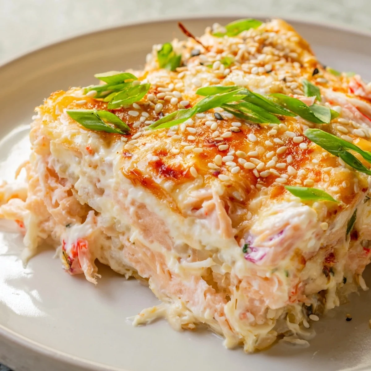 A generous serving of Creamy Salmon Sushi Bake, with a cheesy, golden topping awaiting your scoop.