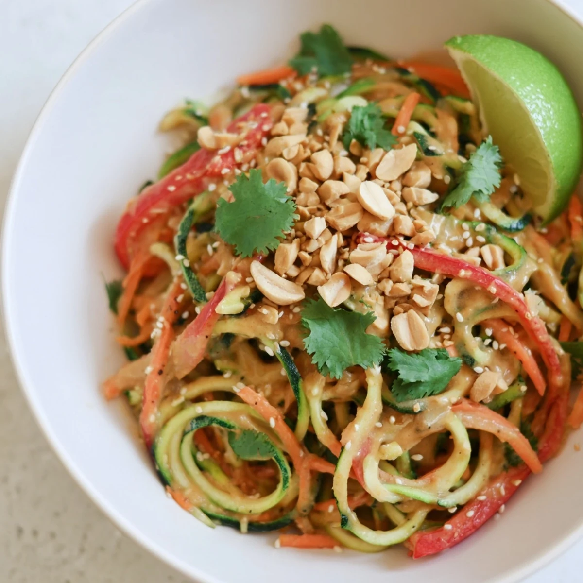 Vibrant Zesty Peanut Zucchini Noodles, a refreshing salad with colorful veggies and a creamy peanut sauce.