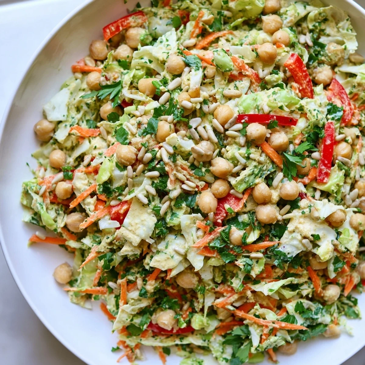 Vibrant chickpea salad featuring chickpeas, crisp veggies, and tahini dressing, making a healthy lunch.