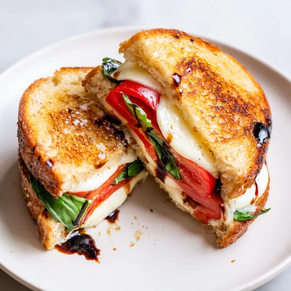 Golden, melty Caprese Salad Grilled Cheese with vibrant tomato and basil layers, a delicious lunch.