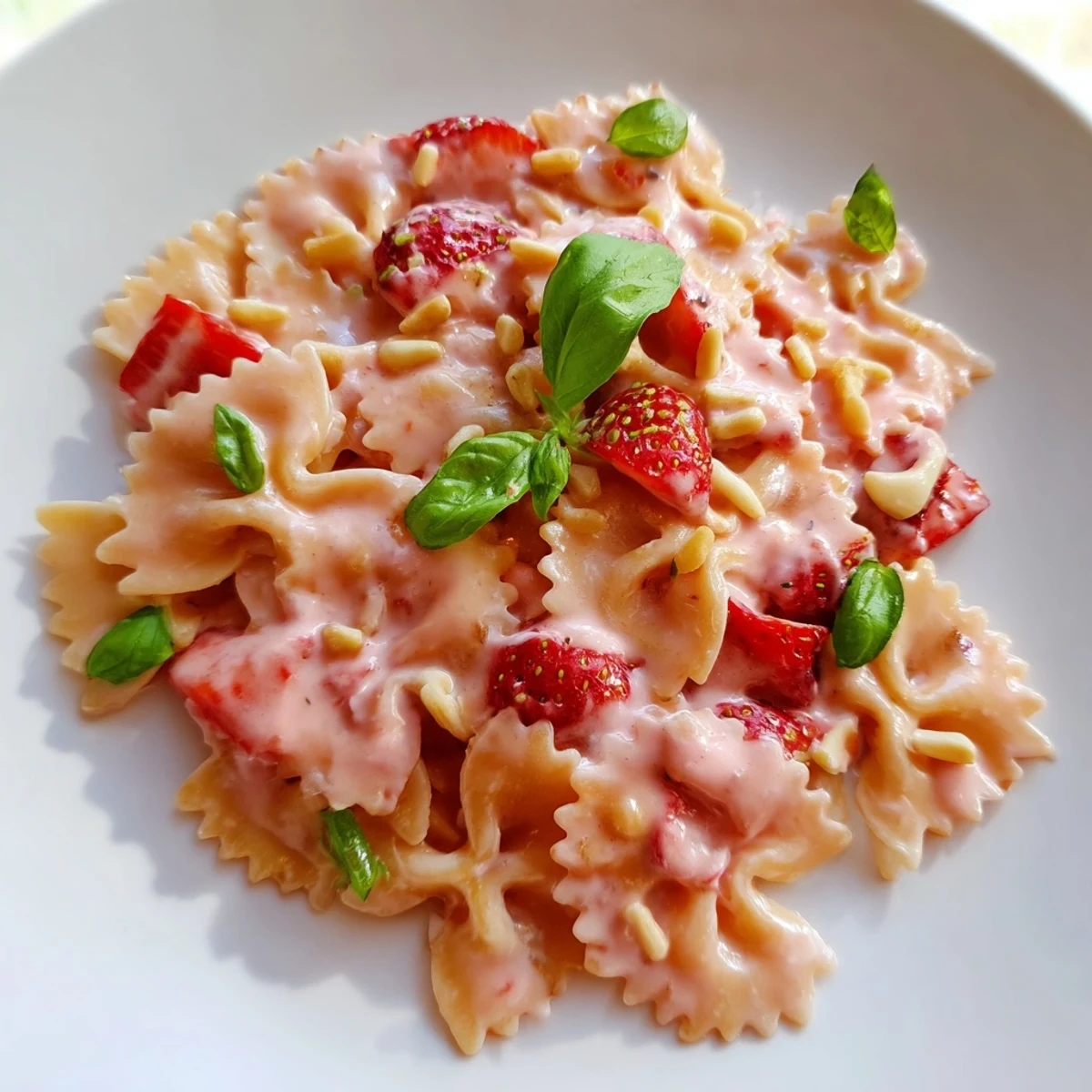 Strawberry Sour Cream Pasta, a vibrant dish of pink pasta, topped with fresh basil.